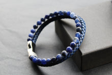 Load image into Gallery viewer, Sapphire Blue Leather Bracelet with Blue Beads and Steel Clasp

