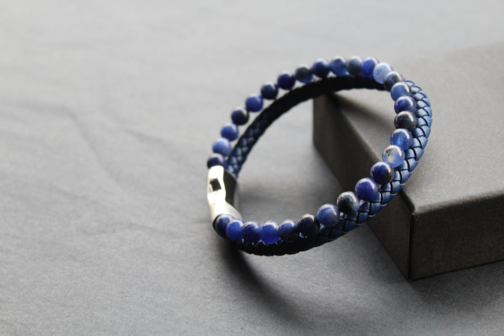Sapphire Blue Leather Bracelet with Blue Beads and Steel Clasp