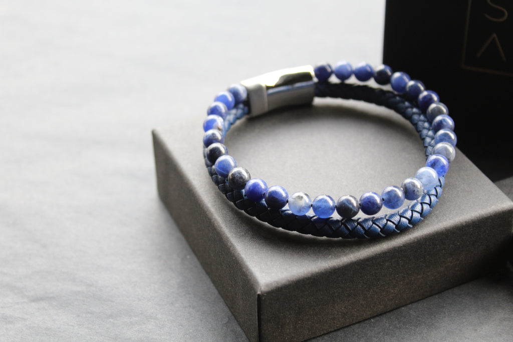 Sapphire Blue Leather Bracelet with Blue Beads and Steel Clasp
