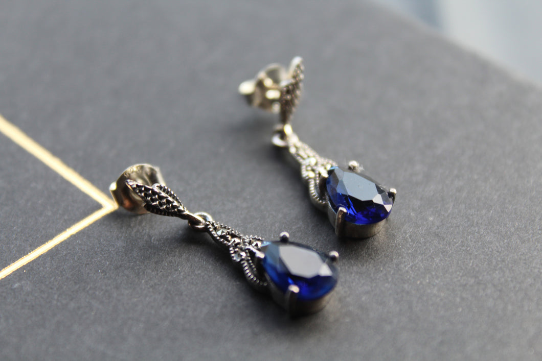 Blue Sapphire CZ Marcasite Earrings