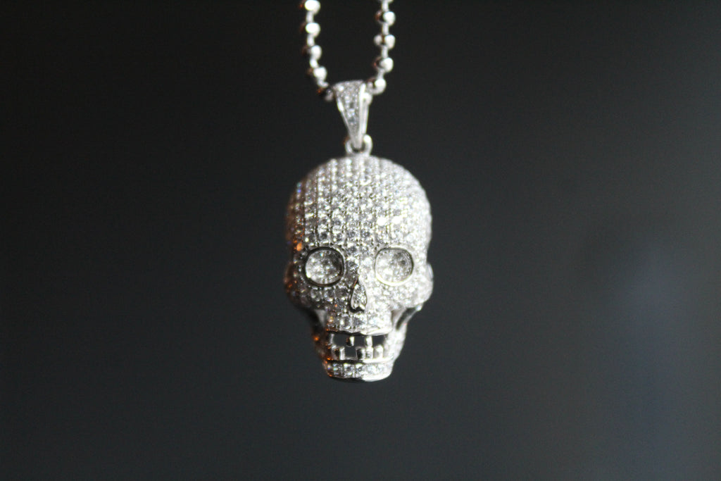 Clear CZ Encrusted Skull Pendant with 24-26” Silver Chain