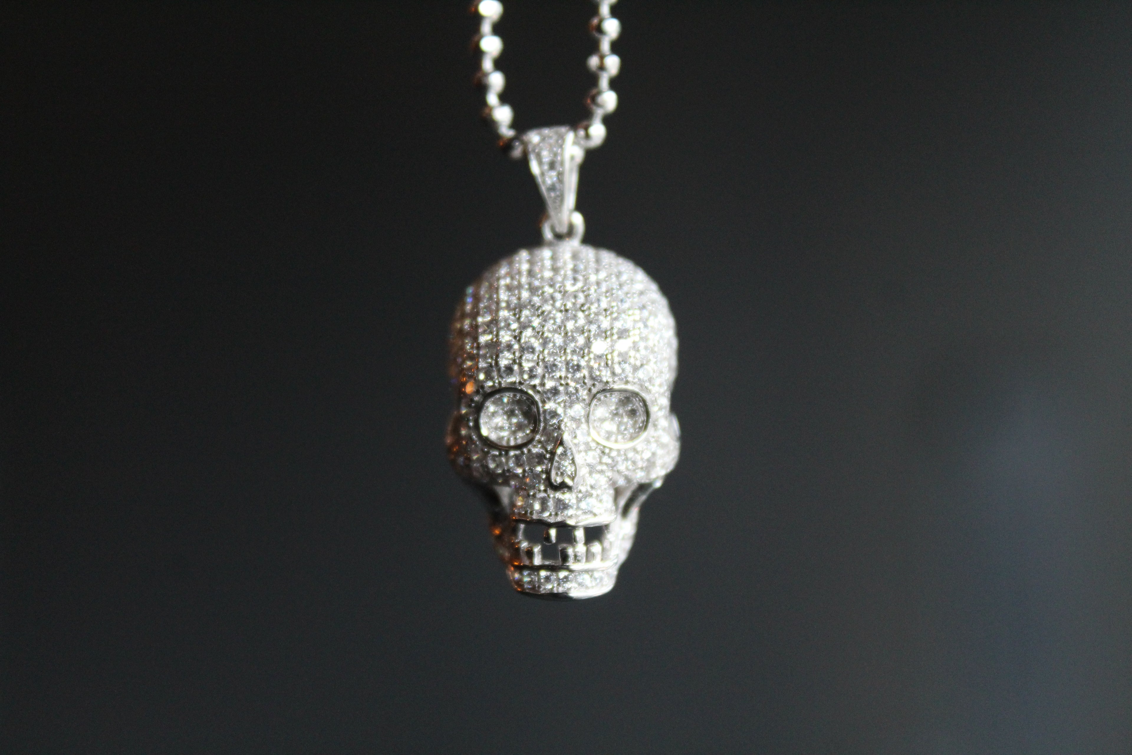 Clear CZ Encrusted Skull Pendant with 24-26” Silver Chain