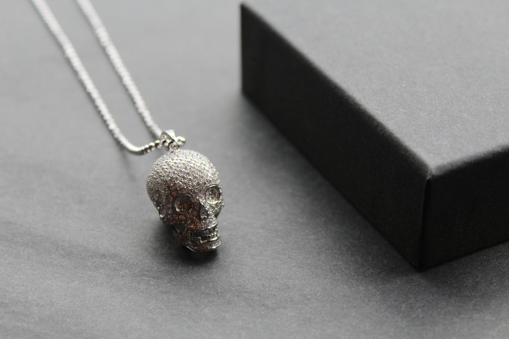 Clear CZ Encrusted Skull Pendant with 24-26” Silver Chain