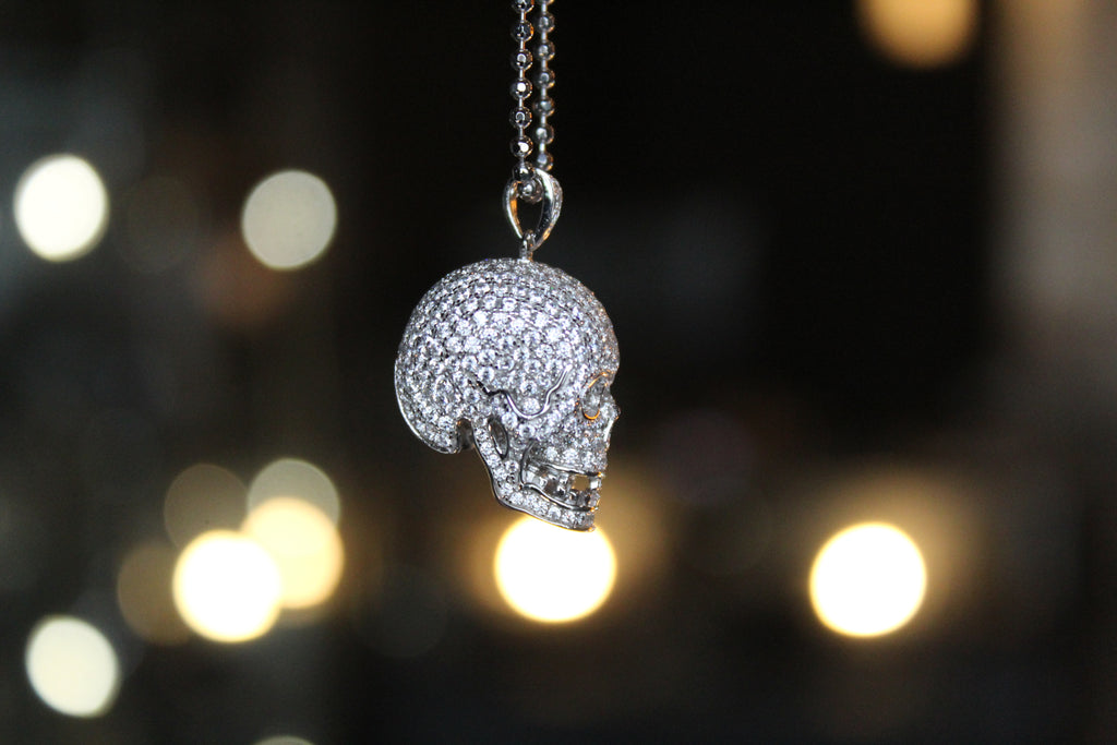 Clear CZ Encrusted Skull Pendant with 24-26” Silver Chain