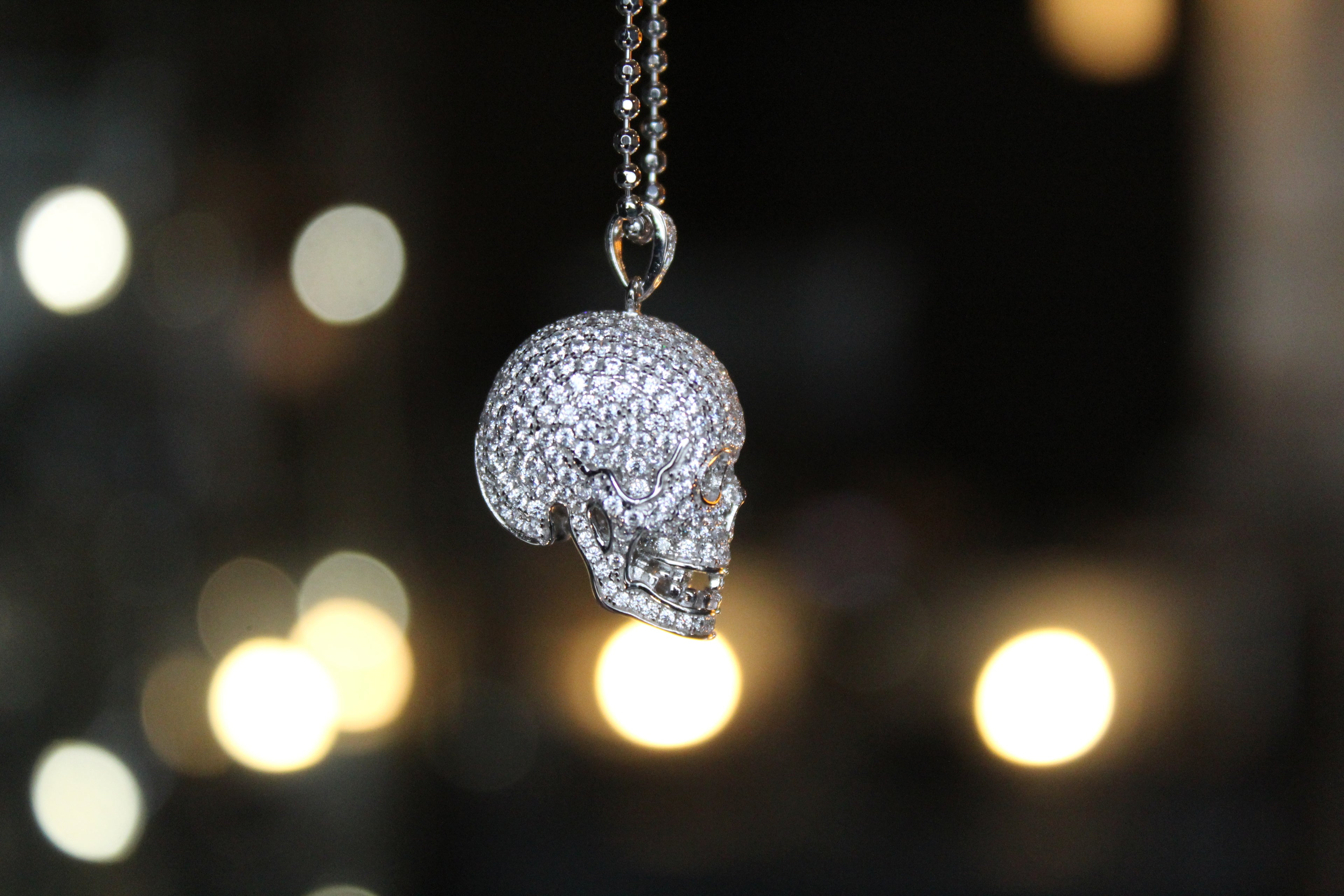 Clear CZ Encrusted Skull Pendant with 24-26” Silver Chain