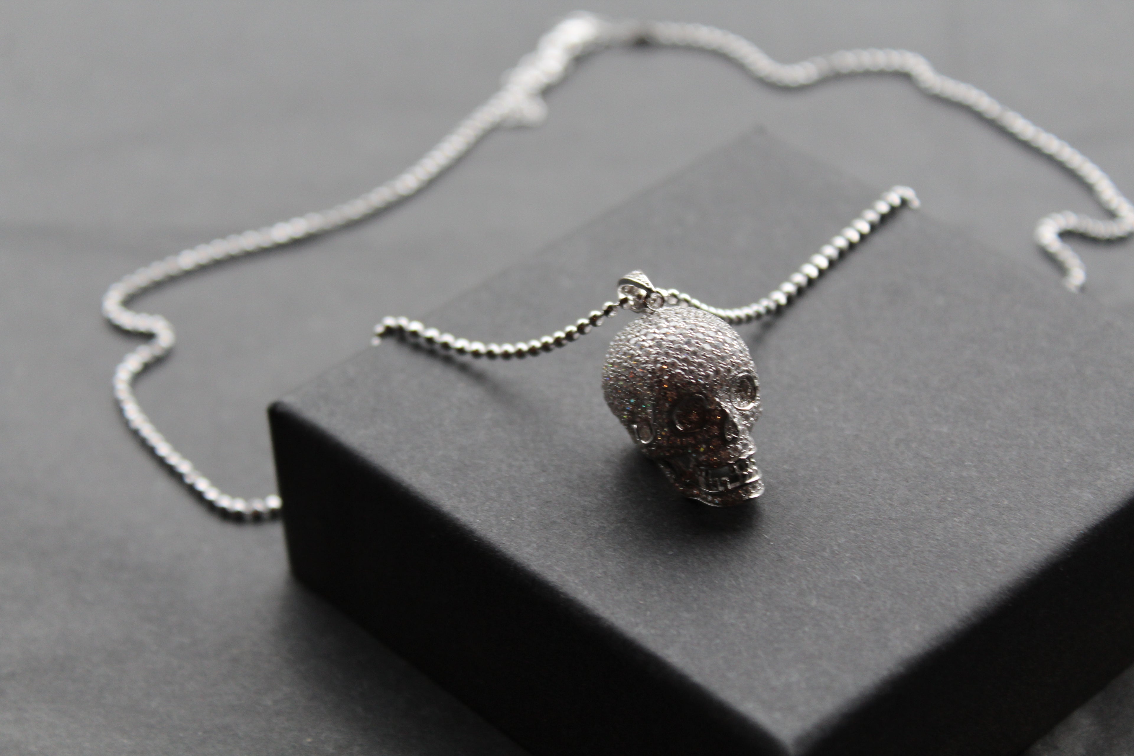 Clear CZ Encrusted Skull Pendant with 24-26” Silver Chain