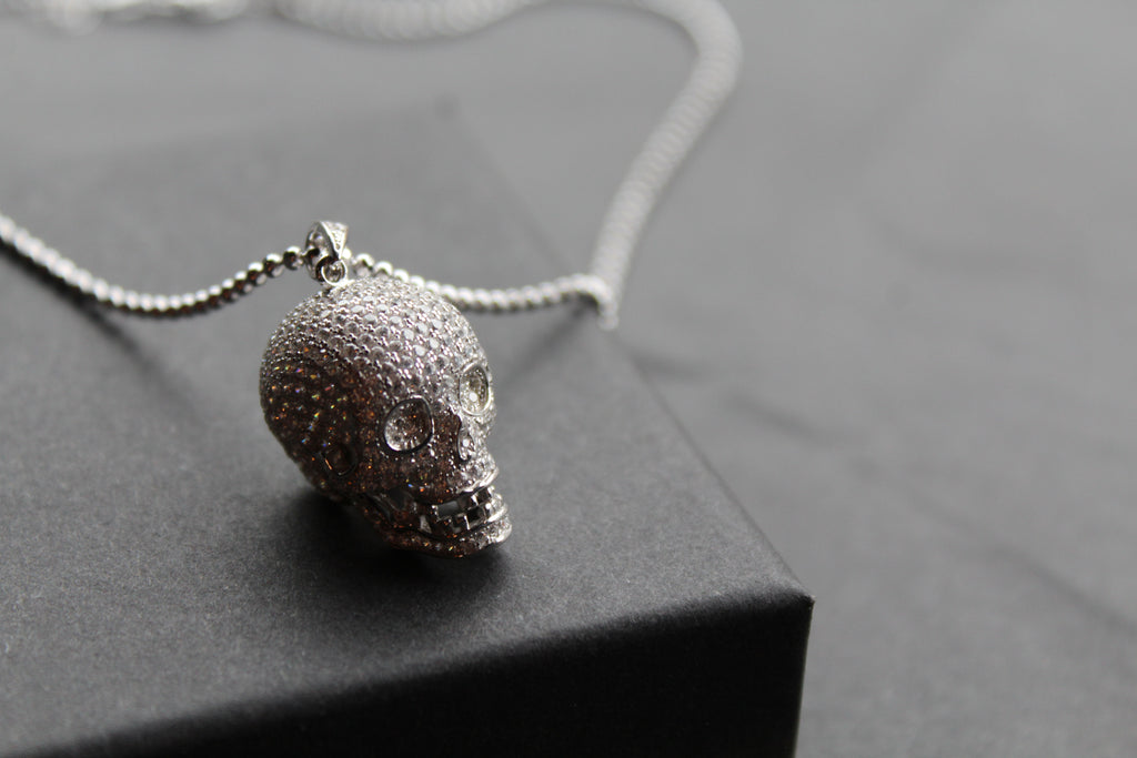 Clear CZ Encrusted Skull Pendant with 24-26” Silver Chain