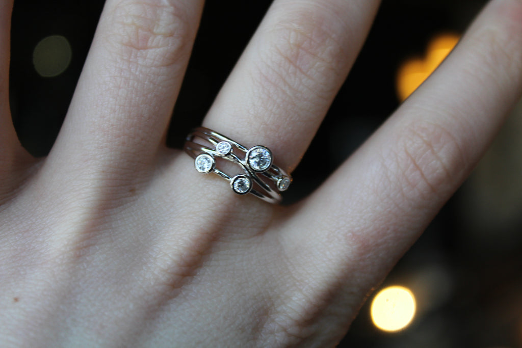 Clear CZ Studded Silver Strand Ring