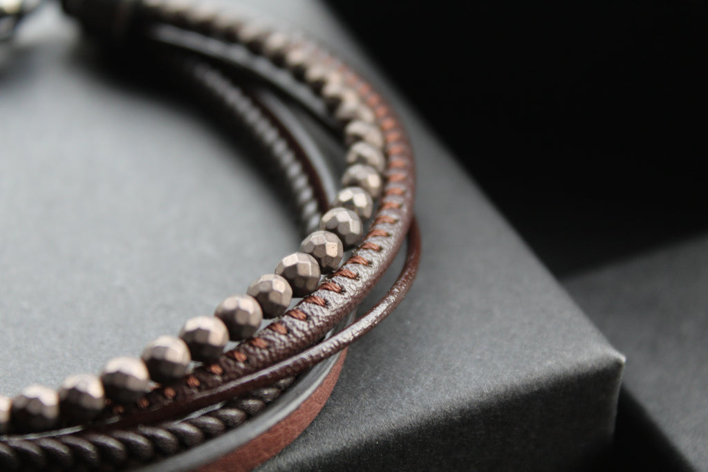 Dark Brown Leather Bracelet Brown Hematite Beads