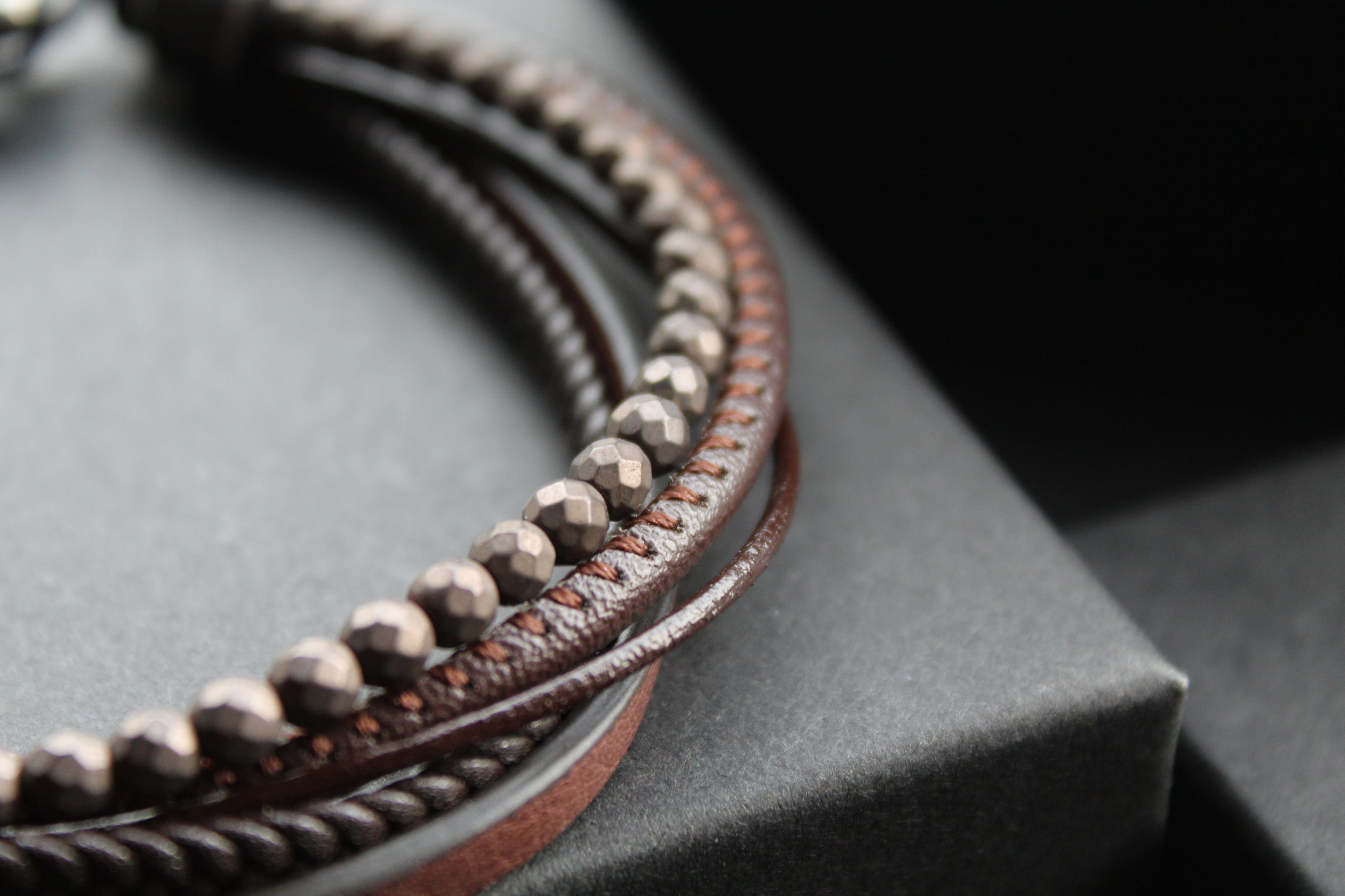 Dark Brown Leather Bracelet Brown Hematite Beads