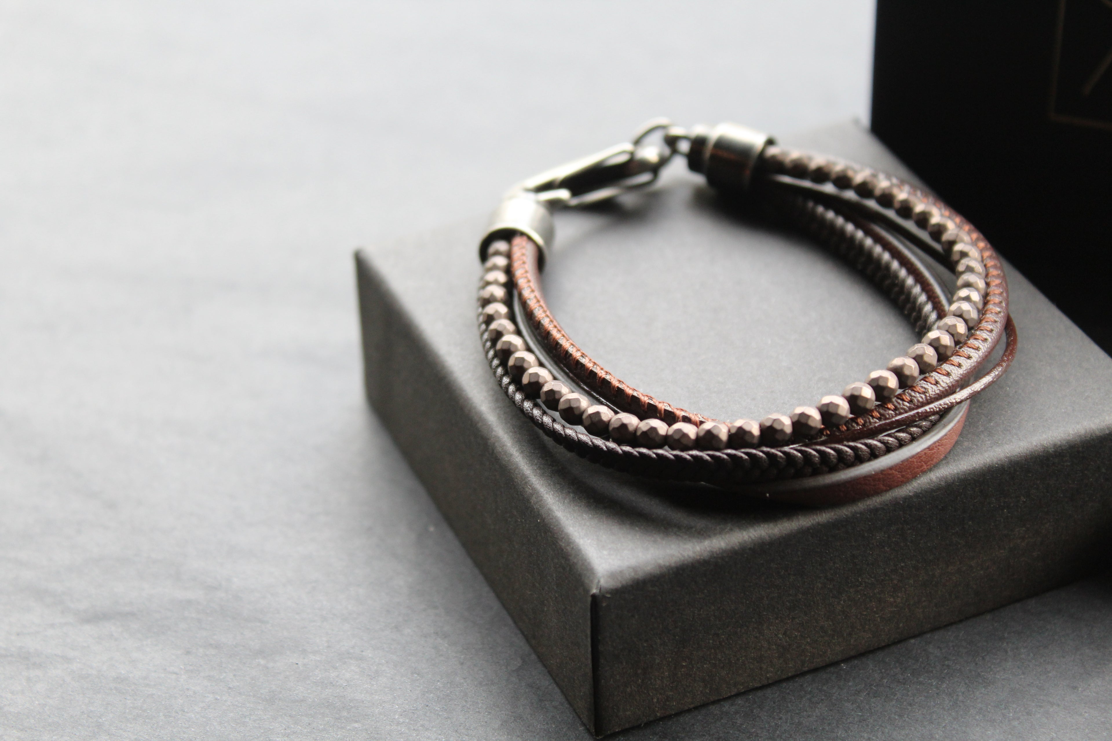 Dark Brown Leather Bracelet Brown Hematite Beads