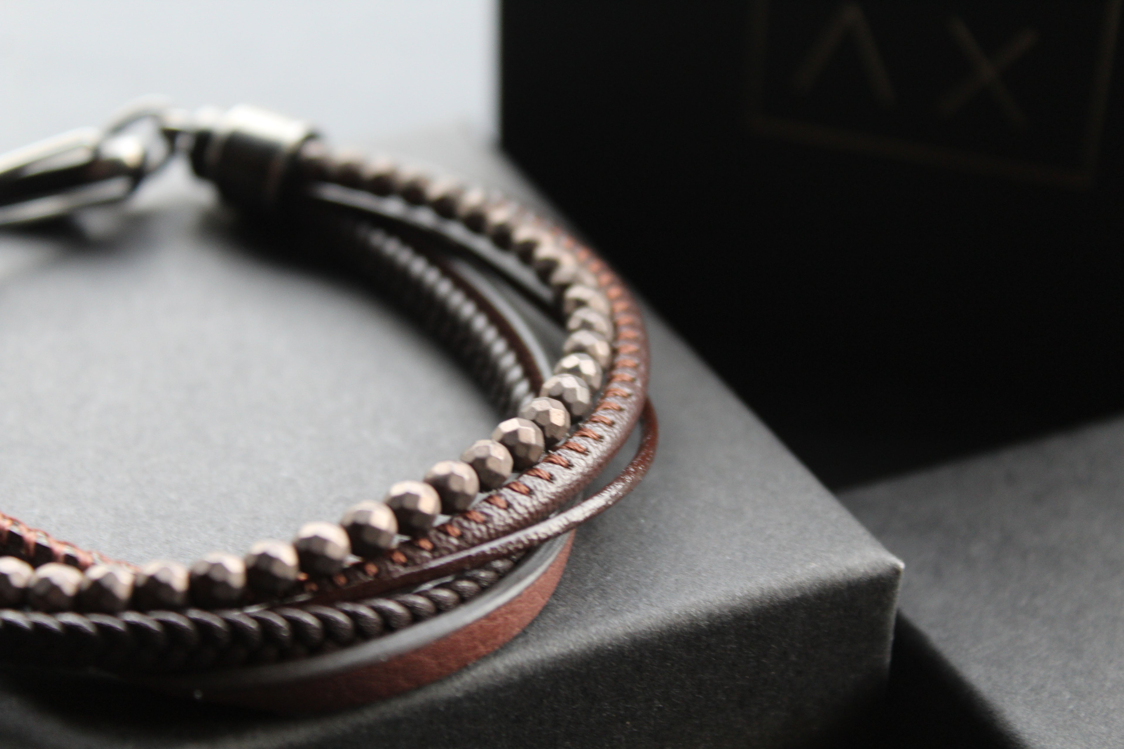 Dark Brown Leather Bracelet Brown Hematite Beads