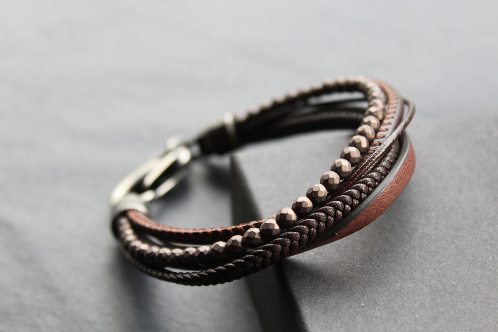 Dark Brown Leather Bracelet Brown Hematite Beads