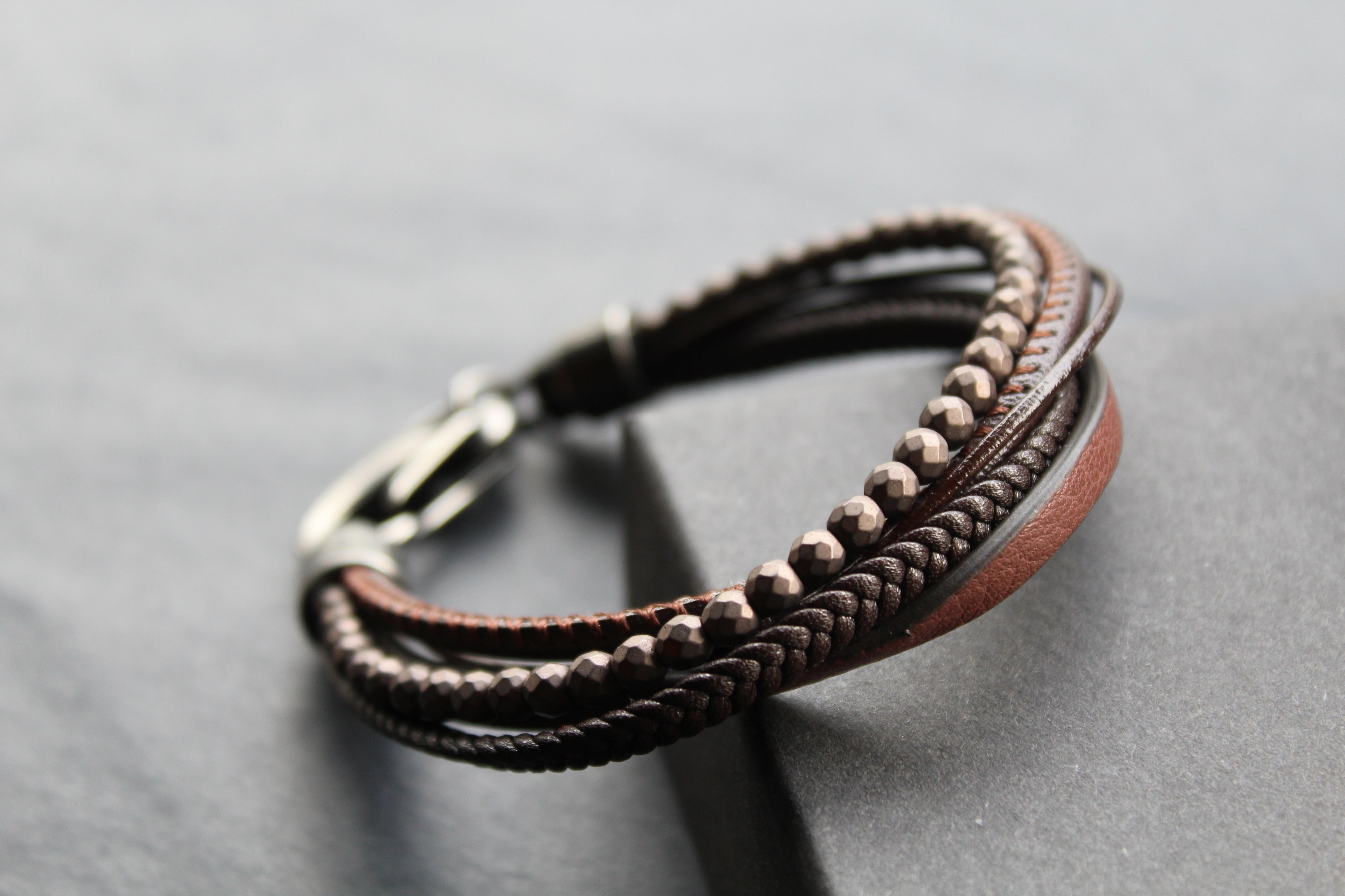 Dark Brown Leather Bracelet Brown Hematite Beads