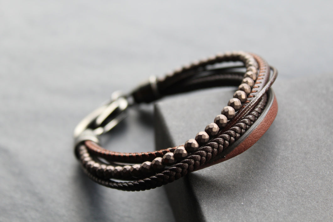 Dark Brown Leather Bracelet Brown Hematite Beads