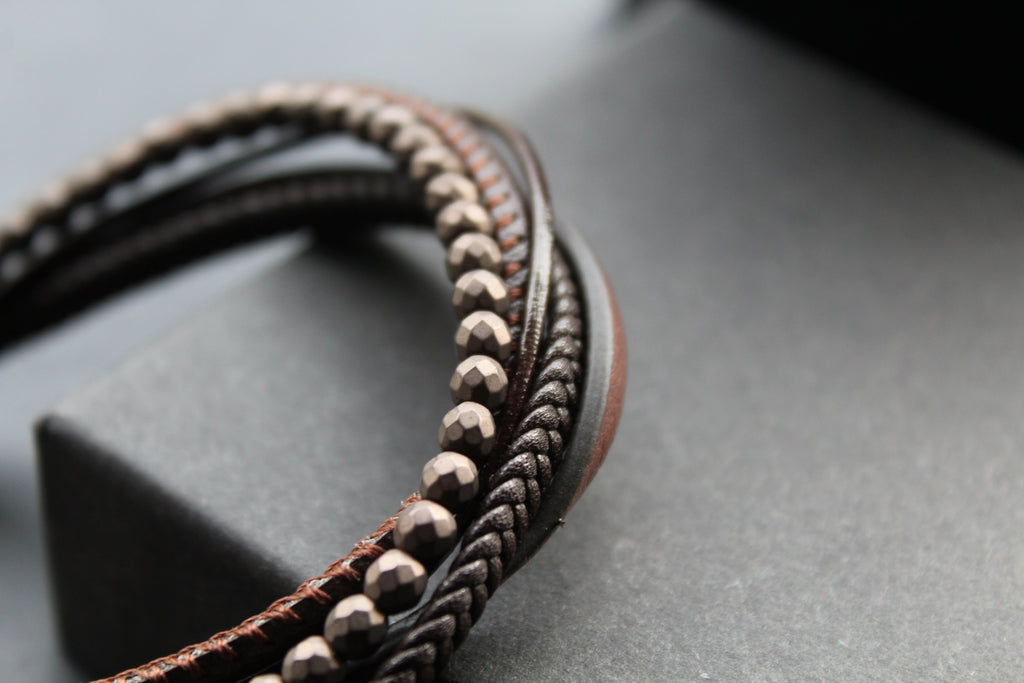 Dark Brown Leather Bracelet Brown Hematite Beads