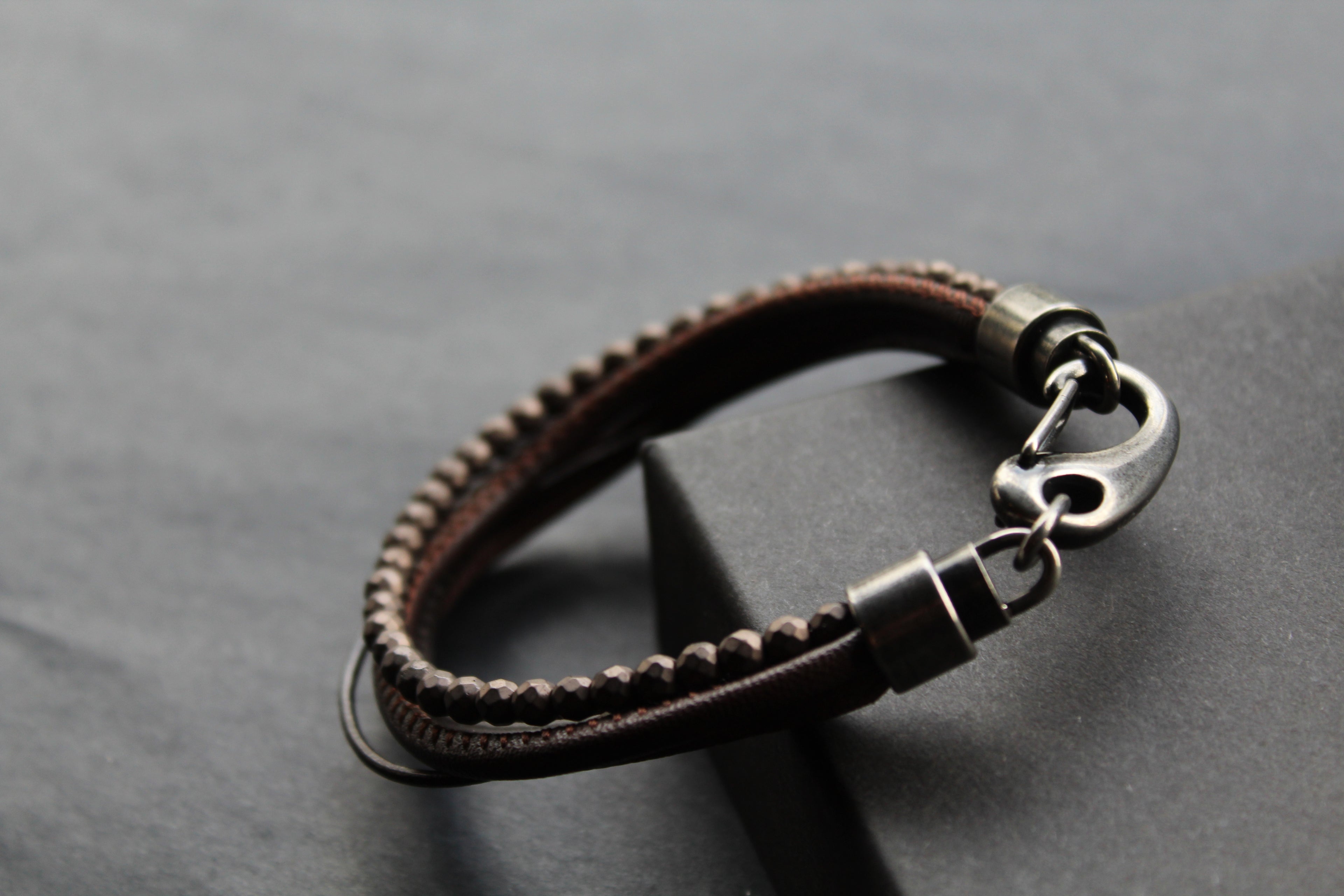 Dark Brown Leather Bracelet Brown Hematite Beads