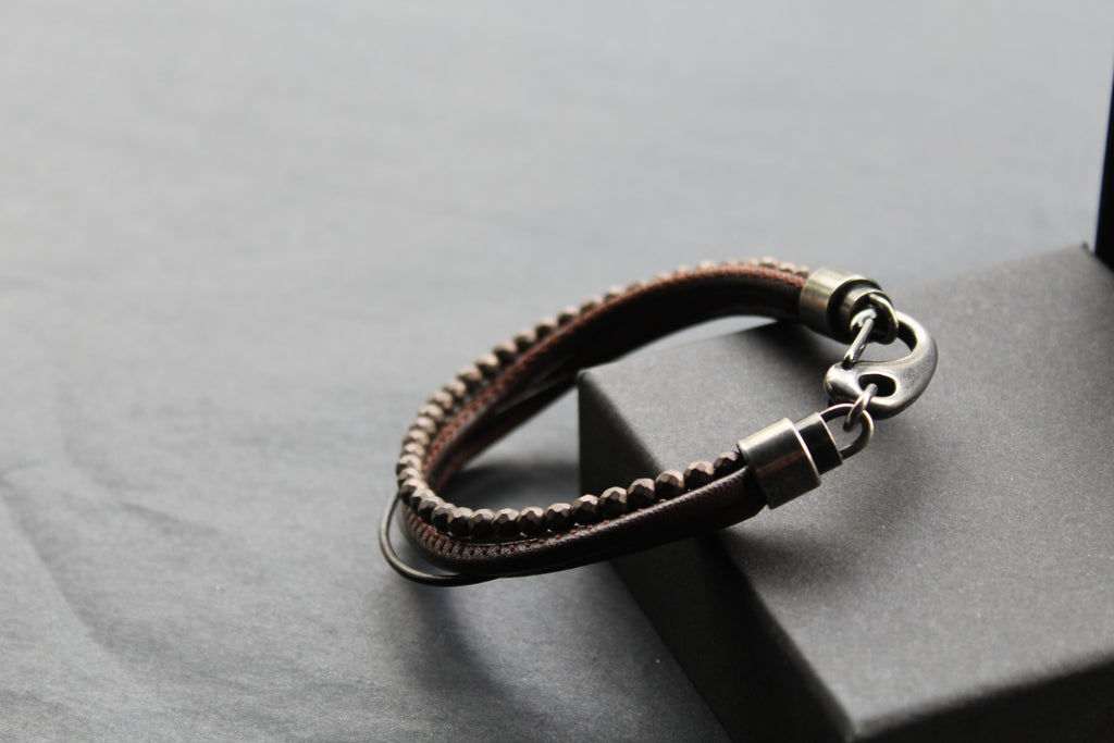 Dark Brown Leather Bracelet Brown Hematite Beads