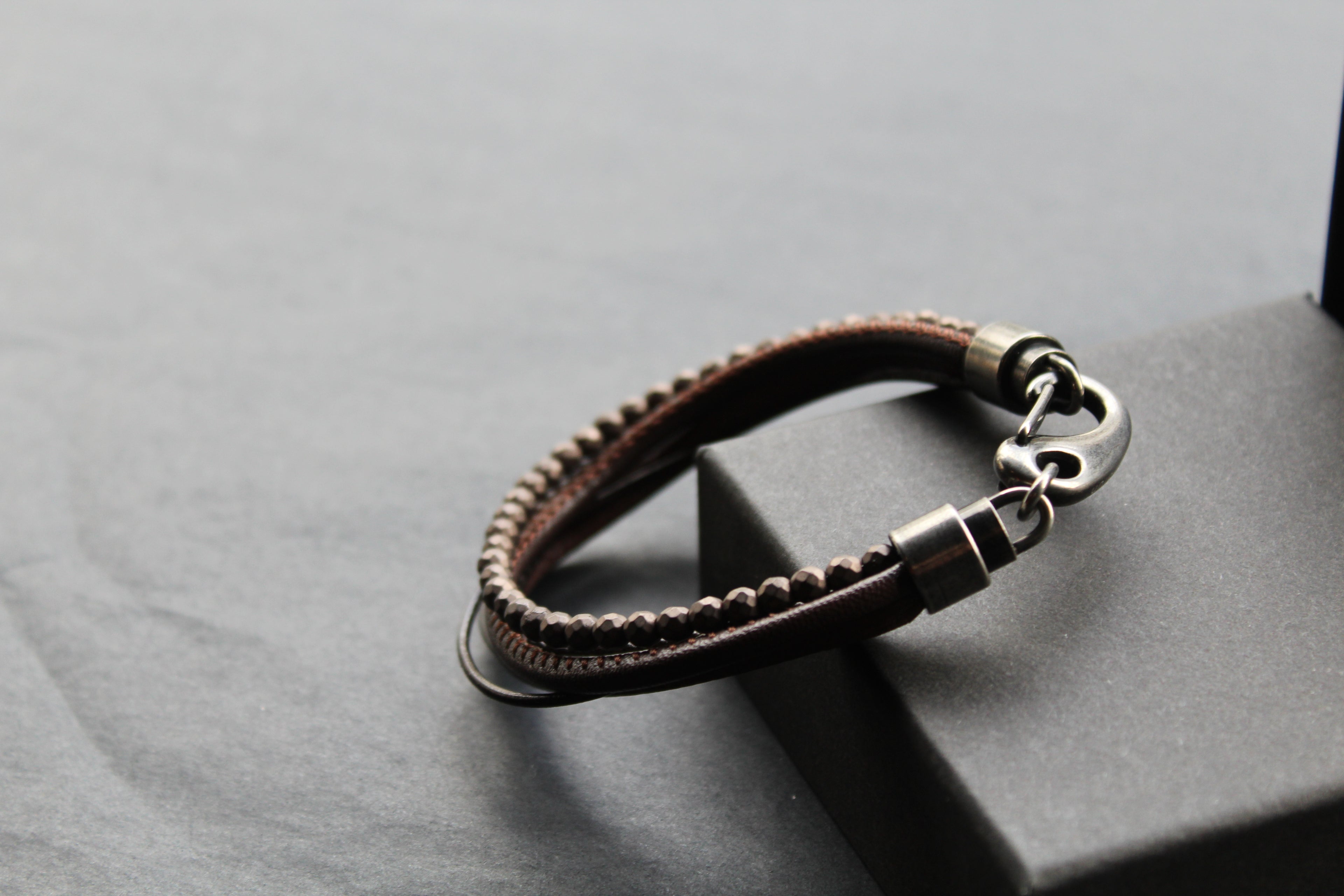 Dark Brown Leather Bracelet Brown Hematite Beads
