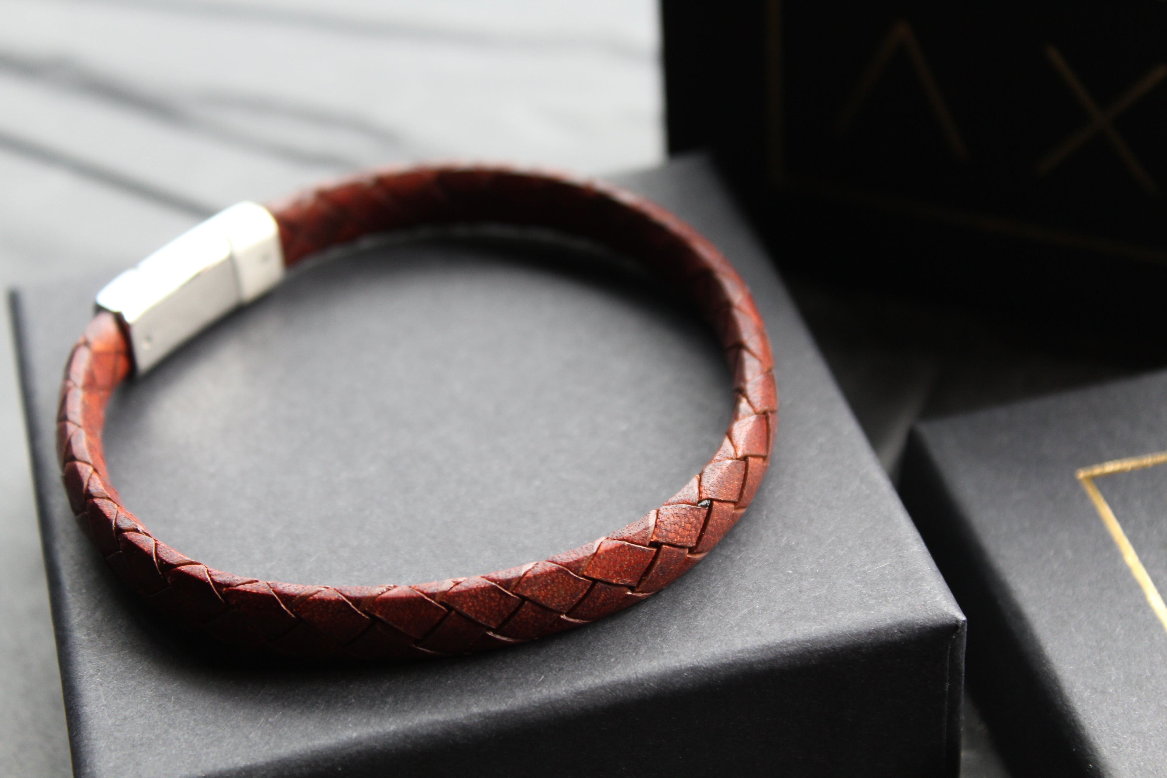 Dark Brown Leather Bracelet Matte & Polished Steel Clasp