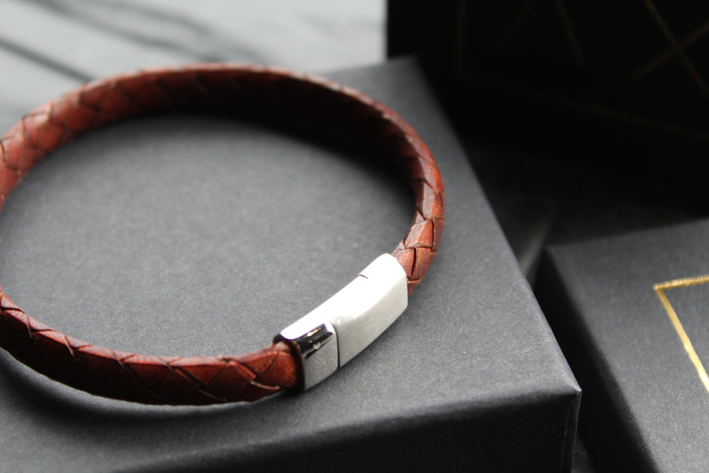 Dark Brown Leather Bracelet Matte & Polished Steel Clasp