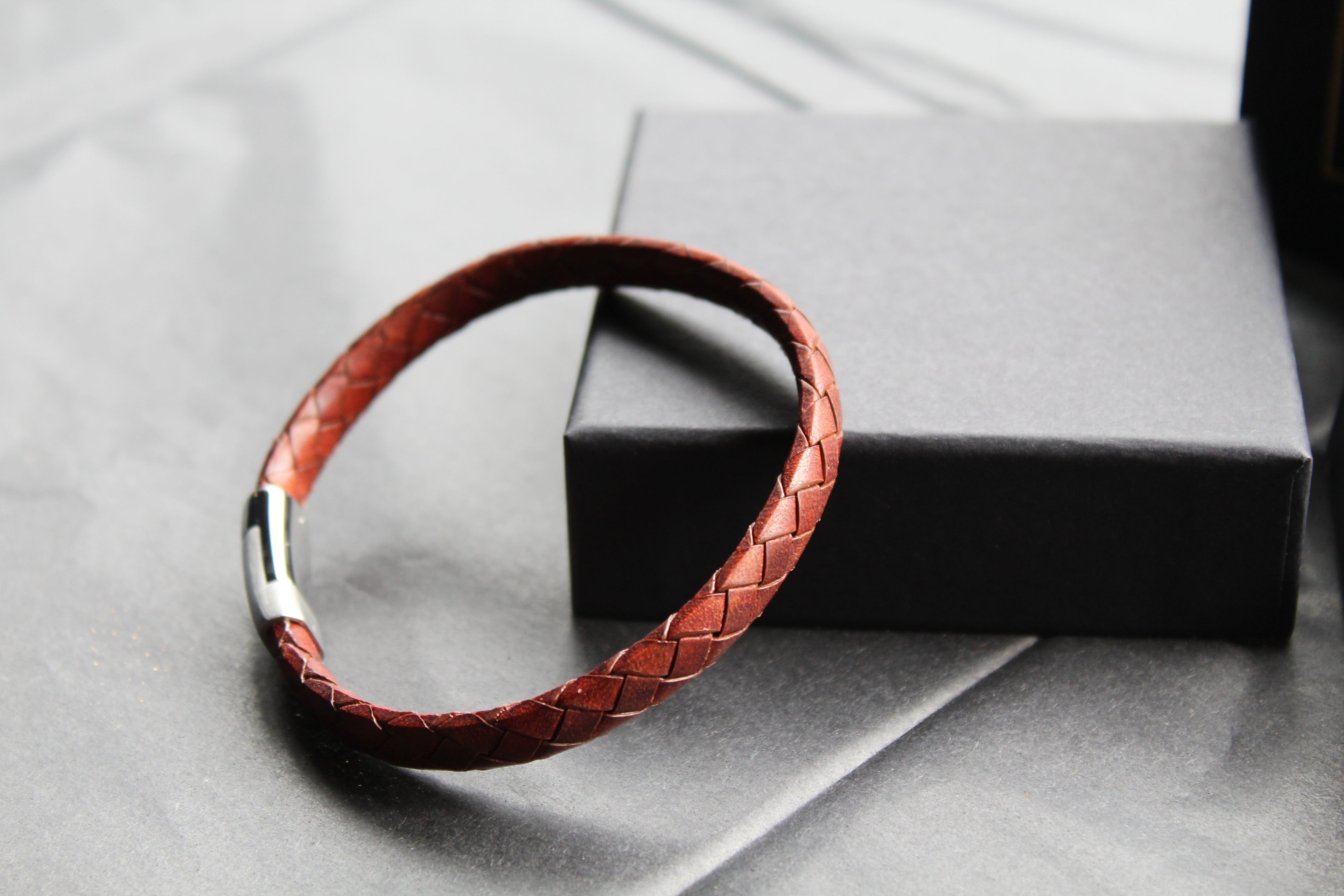 Dark Brown Leather Bracelet Matte & Polished Steel Clasp