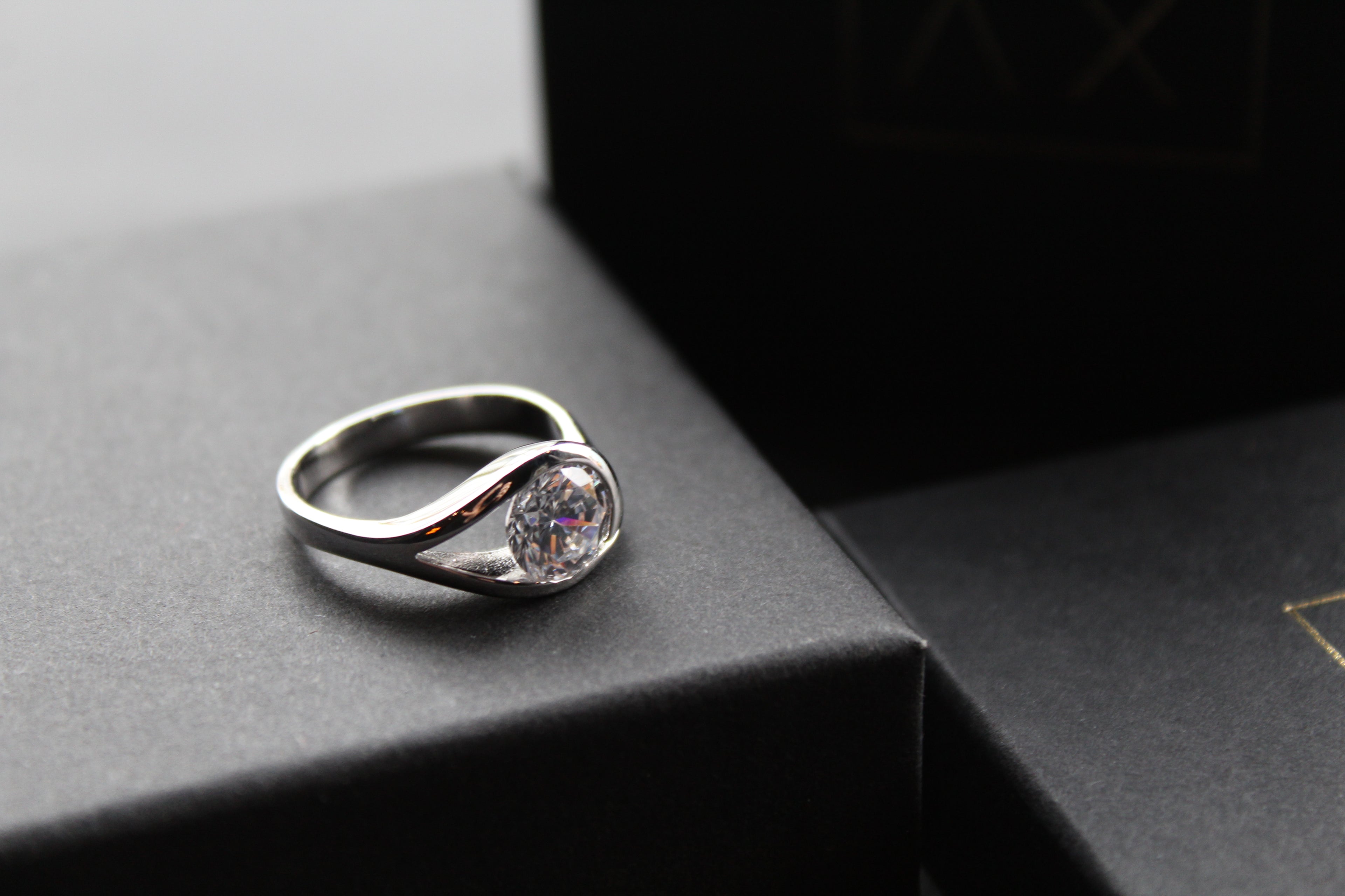 Elegant Silver and Clear CZ Solitaire Eye Ring