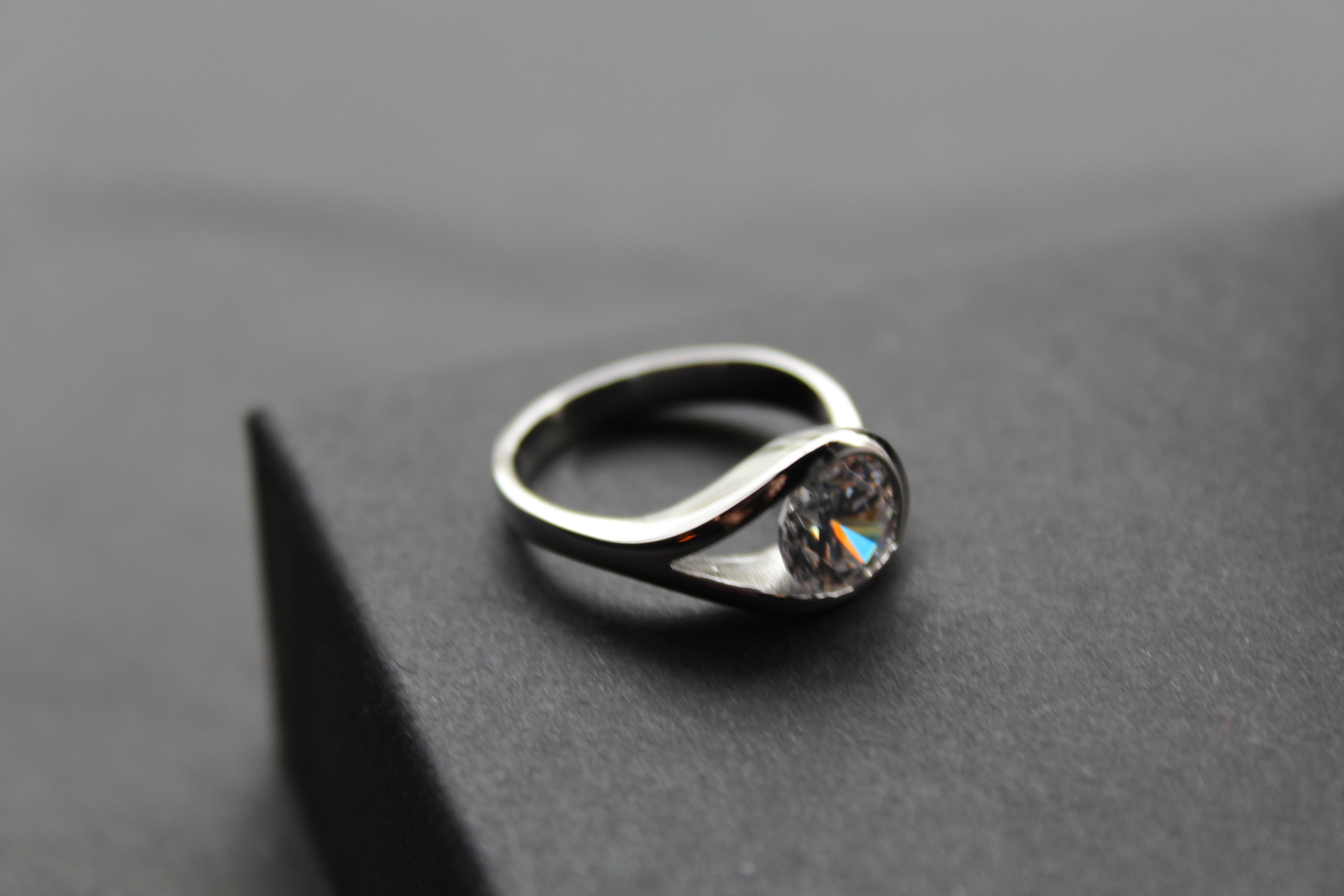 Elegant Silver and Clear CZ Solitaire Eye Ring