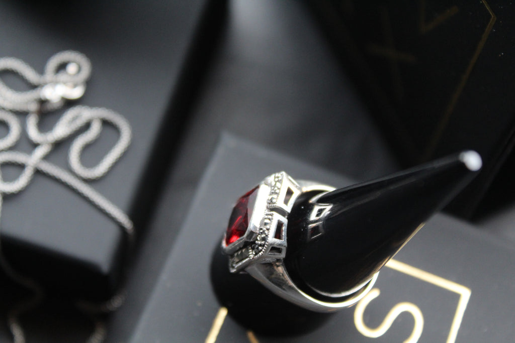 Garnet CZ Marcasite Ring