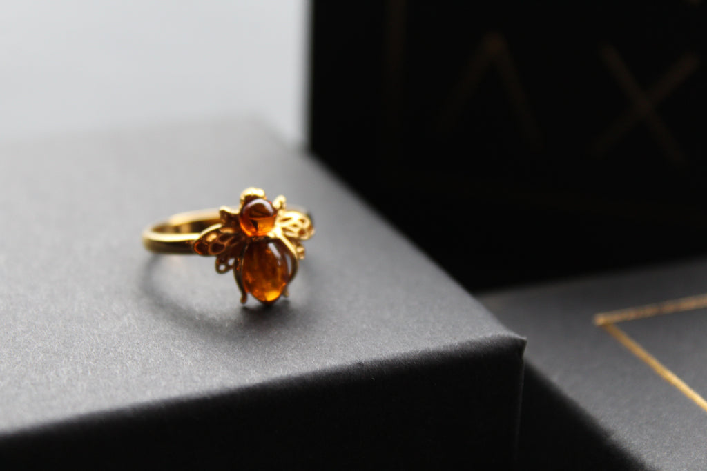 Gold Plated Cognac Amber Bee Ring