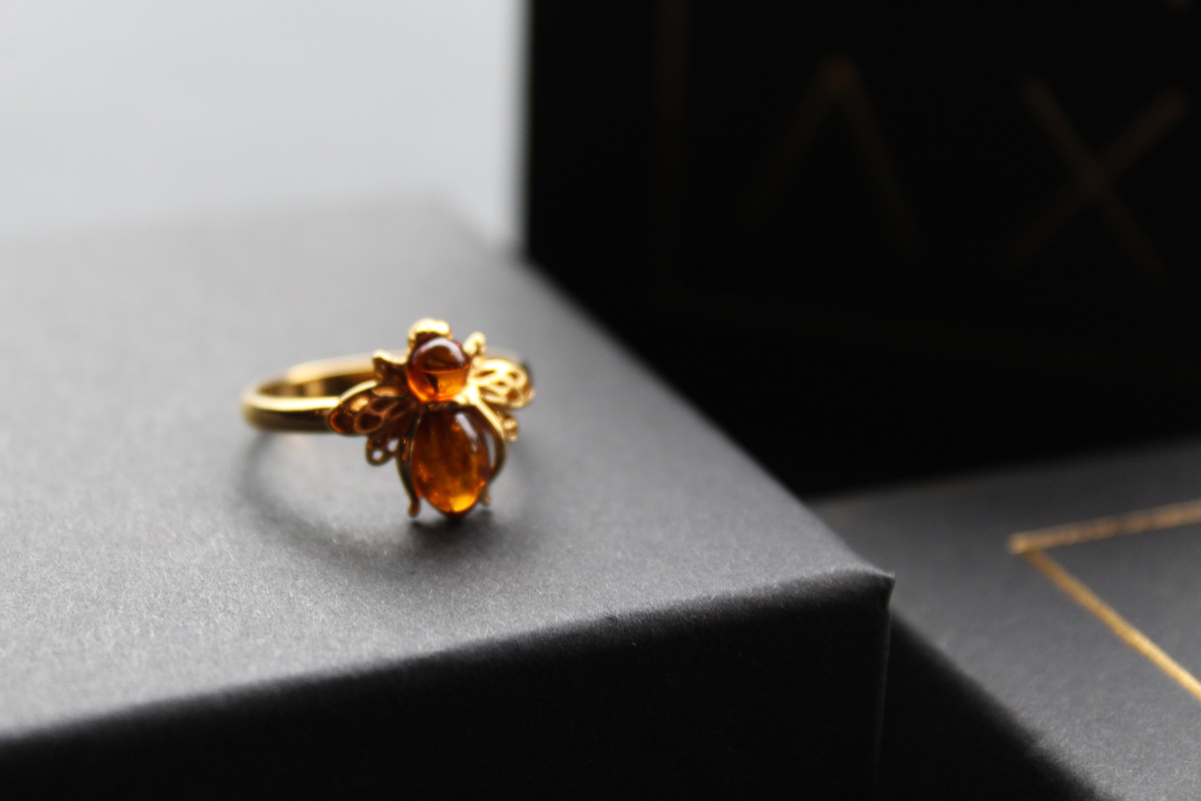 Gold Plated Cognac Amber Bee Ring
