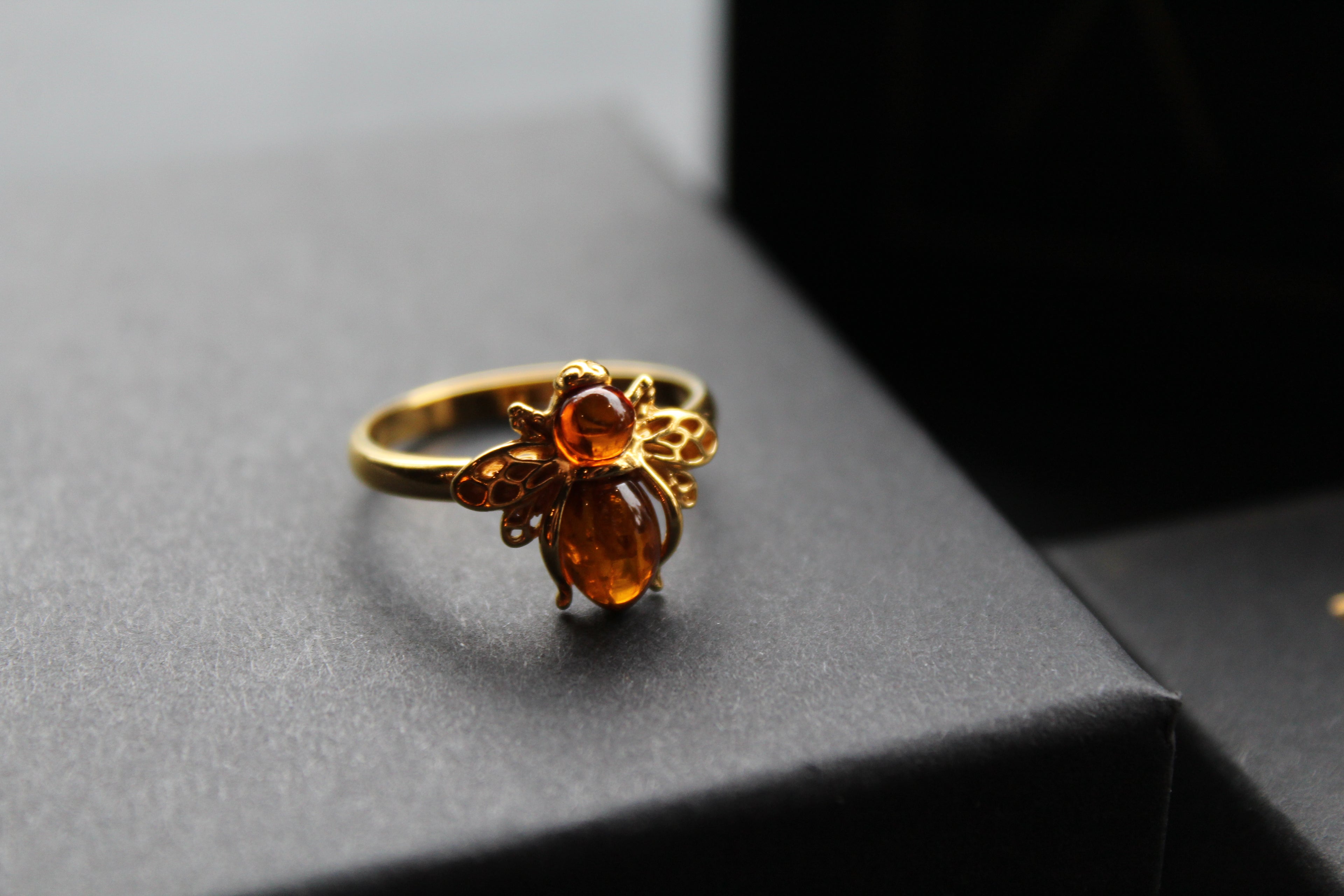 Gold Plated Cognac Amber Bee Ring
