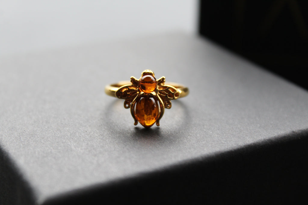 Gold Plated Cognac Amber Bee Ring