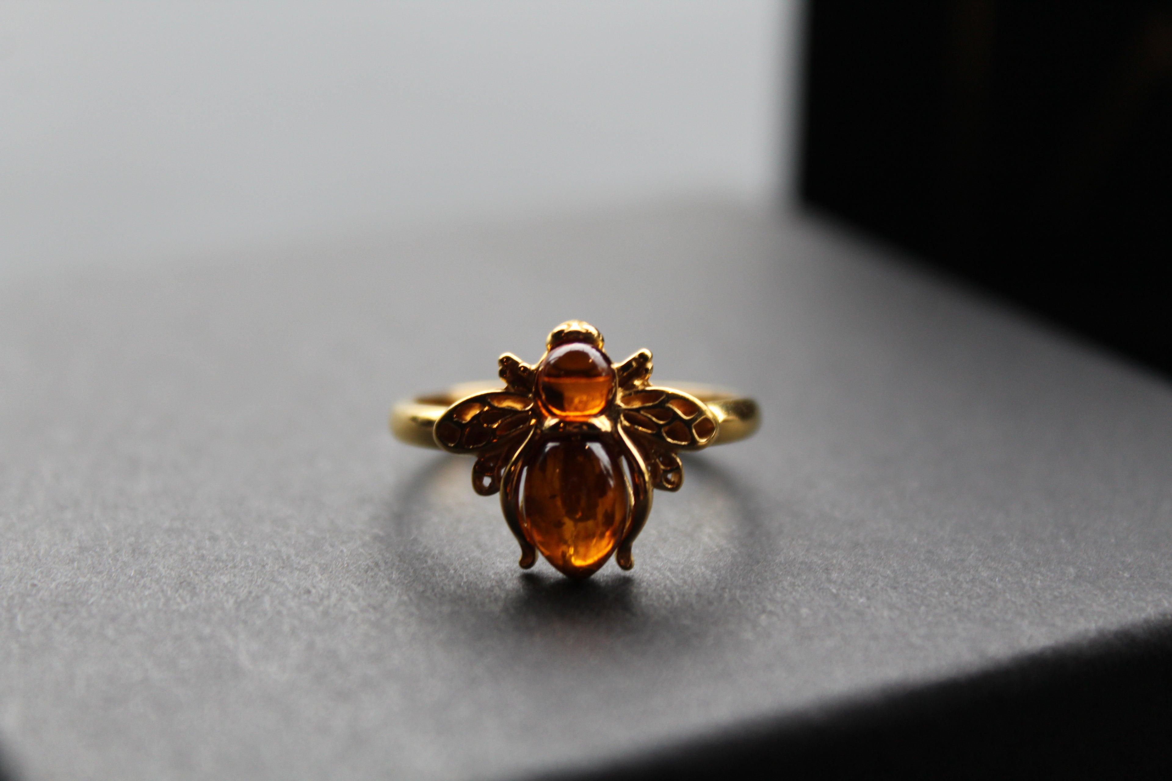 Gold Plated Cognac Amber Bee Ring