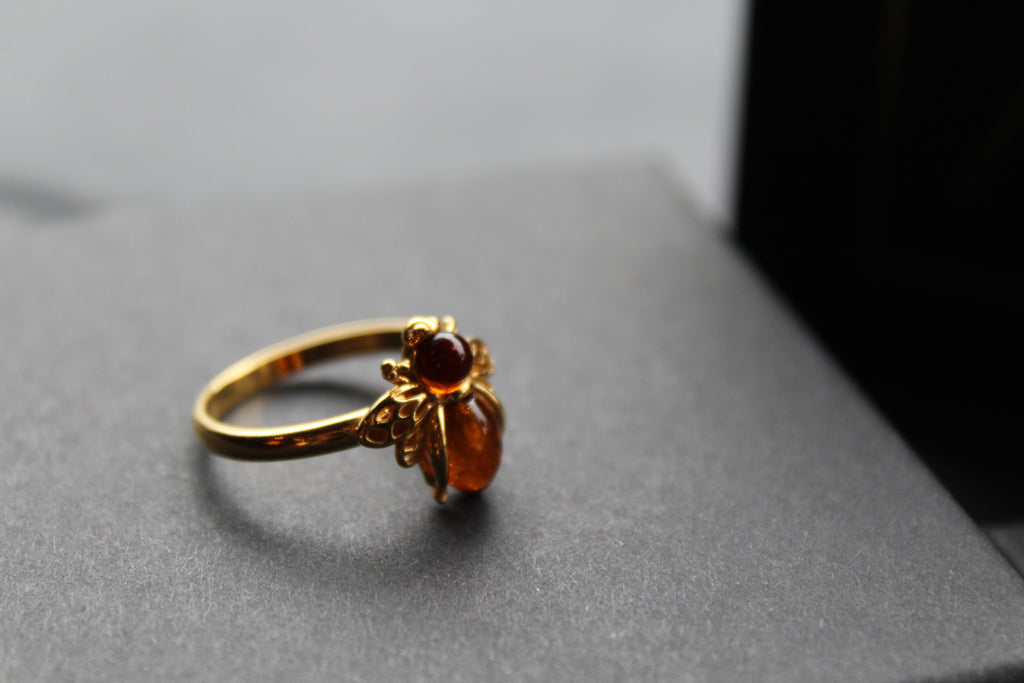 Gold Plated Cognac Amber Bee Ring