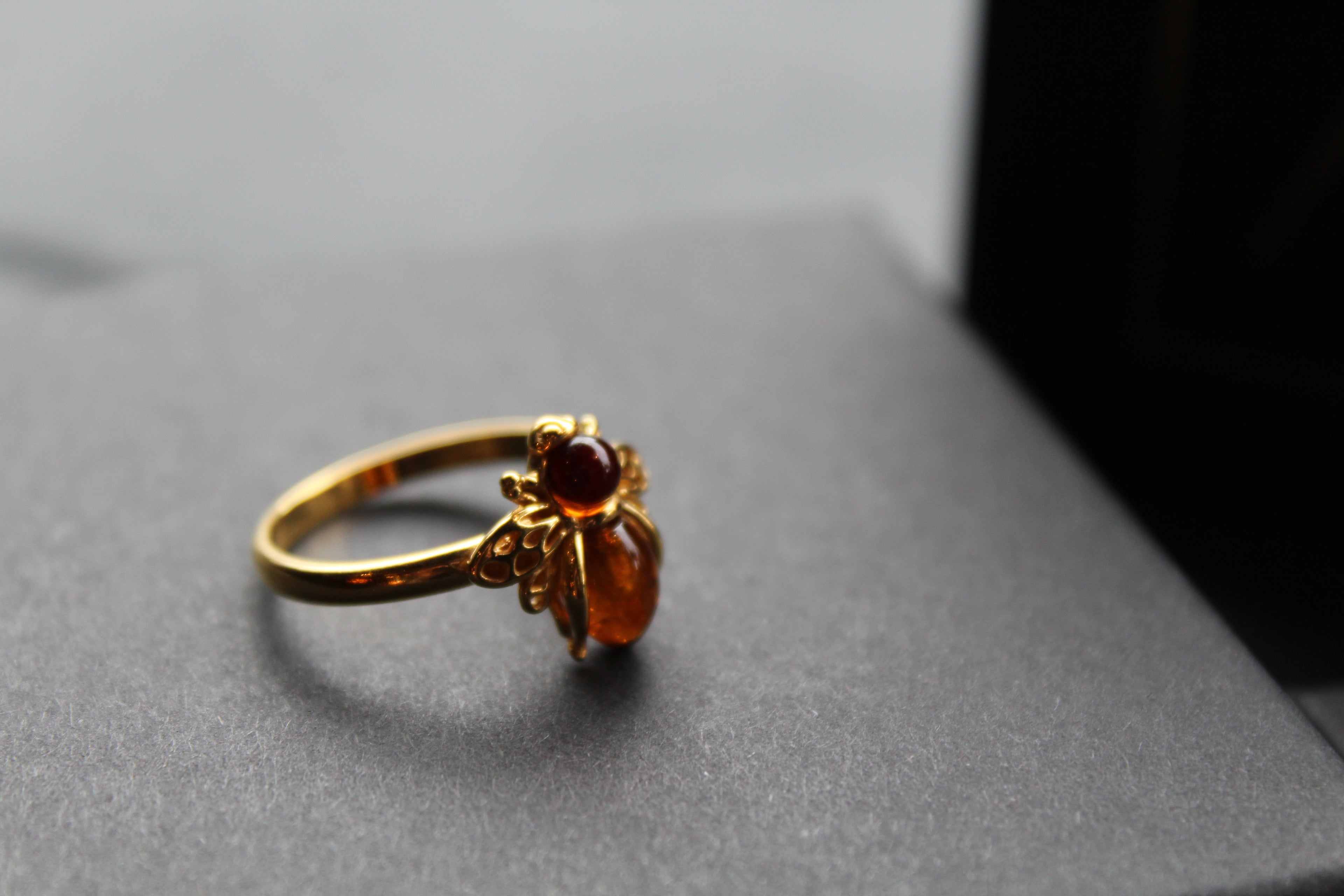 Gold Plated Cognac Amber Bee Ring