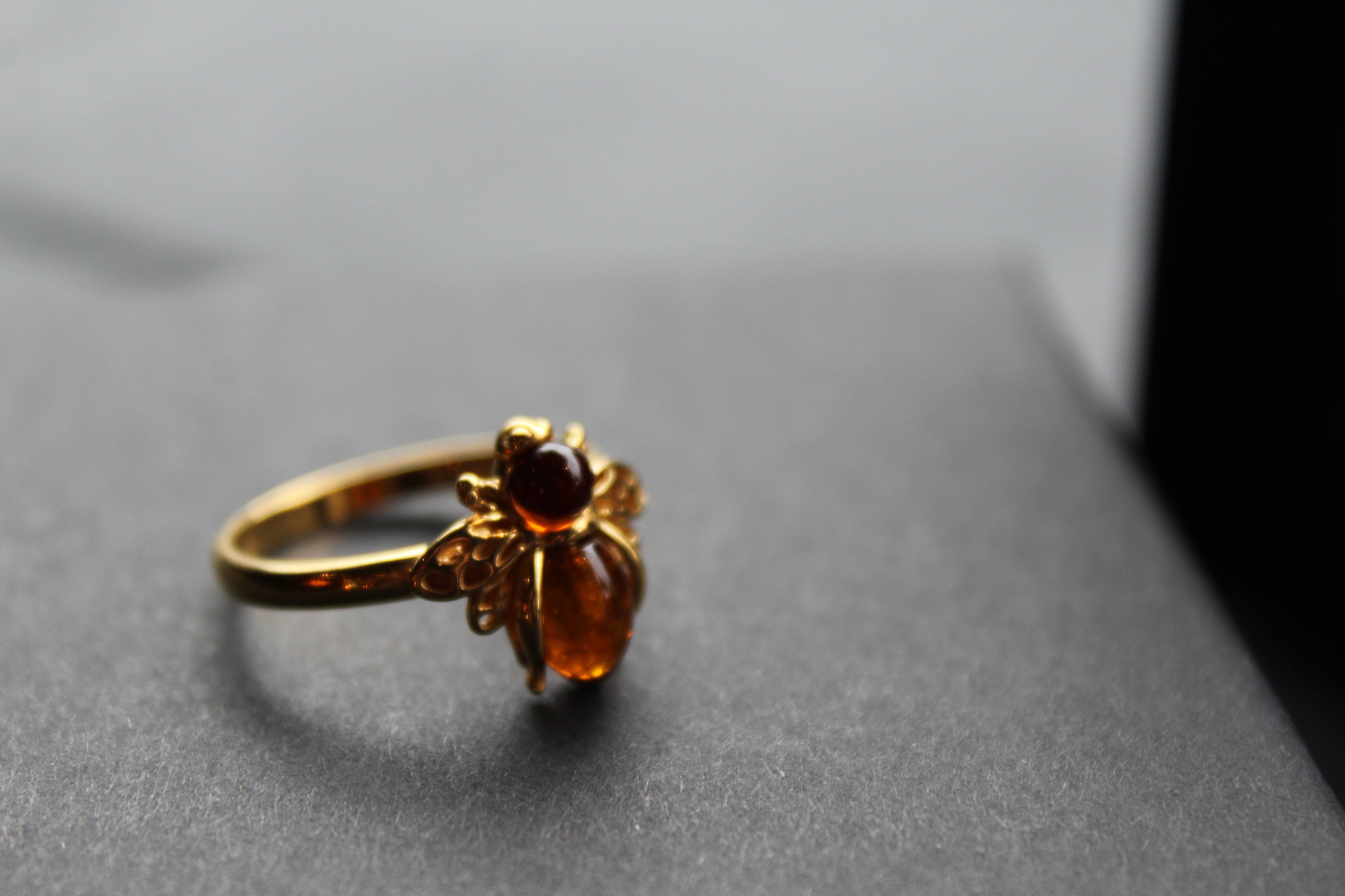 Gold Plated Cognac Amber Bee Ring