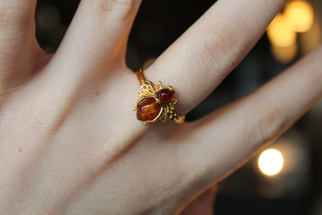 Gold Plated Cognac Amber Bee Ring