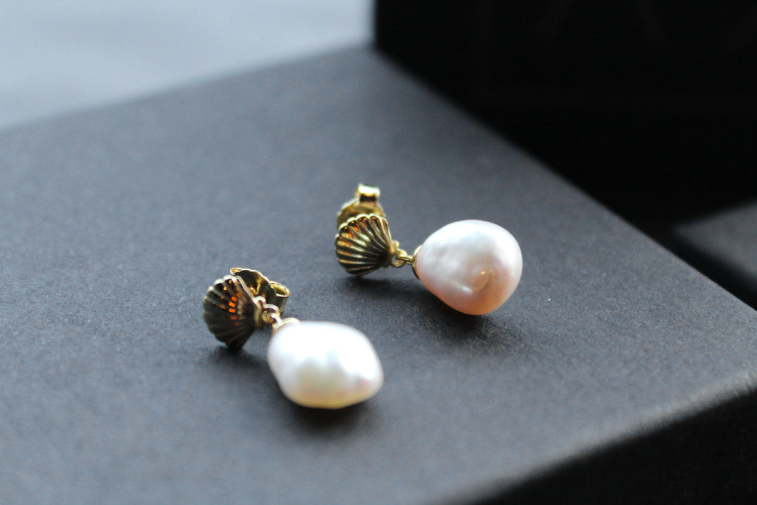 Gold Plated Shell Studs with Keshi Pearl Drop