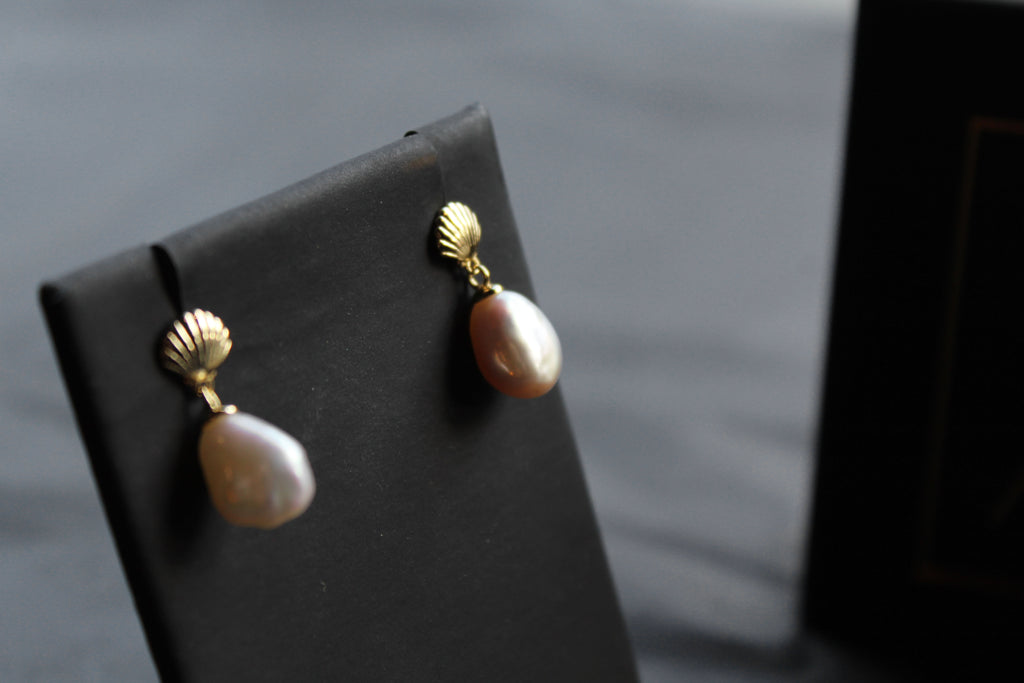 Gold Plated Shell Studs with Keshi Pearl Drop