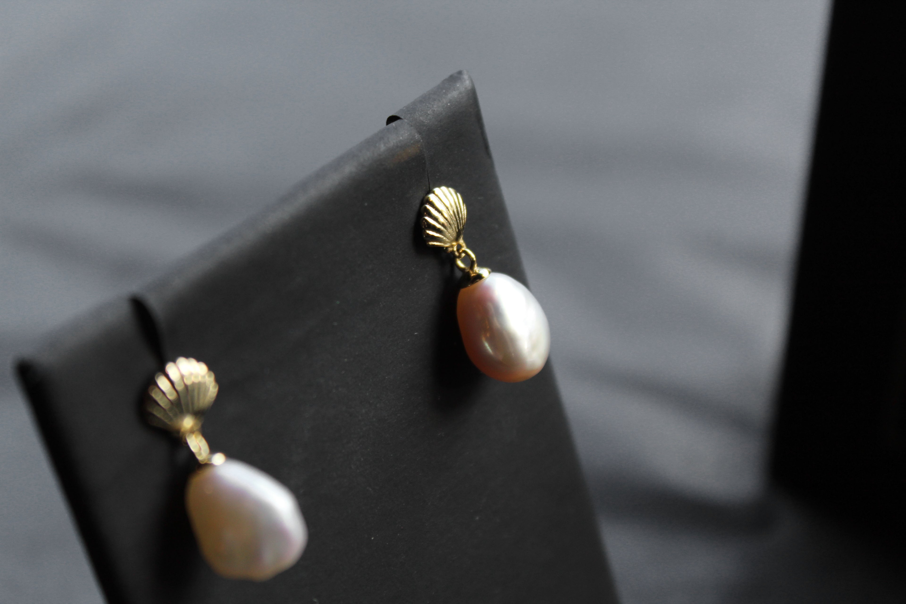 Gold Plated Shell Studs with Keshi Pearl Drop