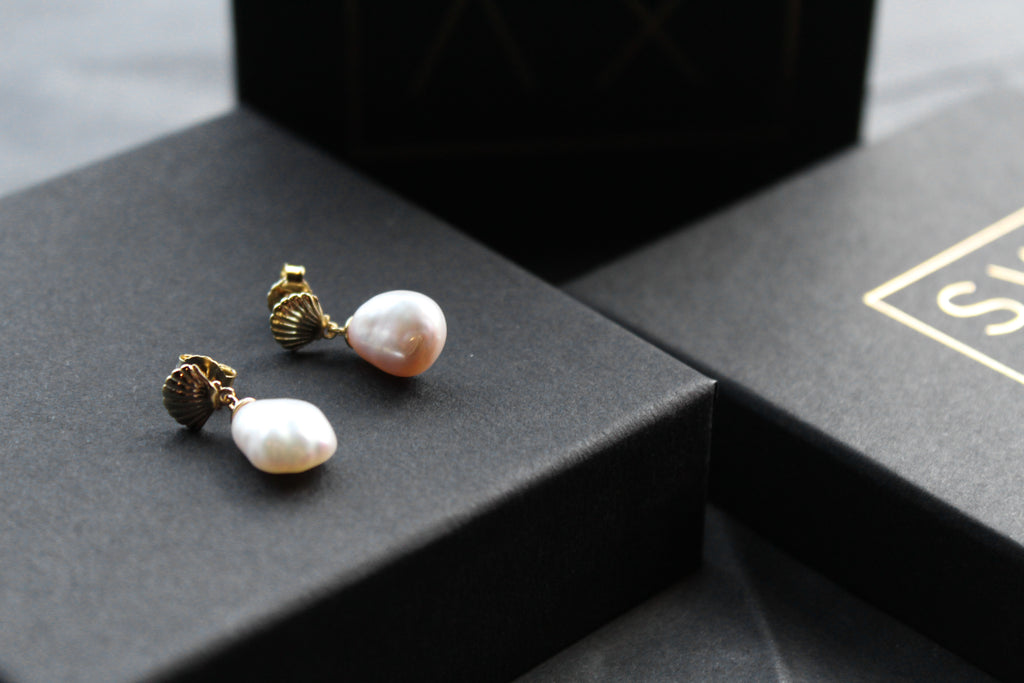 Gold Plated Shell Studs with Keshi Pearl Drop