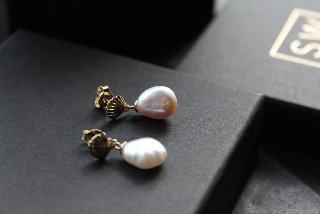 Gold Plated Shell Studs with Keshi Pearl Drop