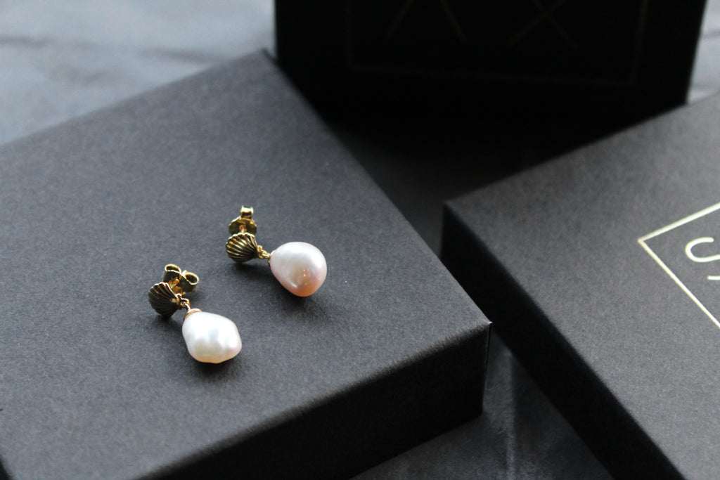 Gold Plated Shell Studs with Keshi Pearl Drop