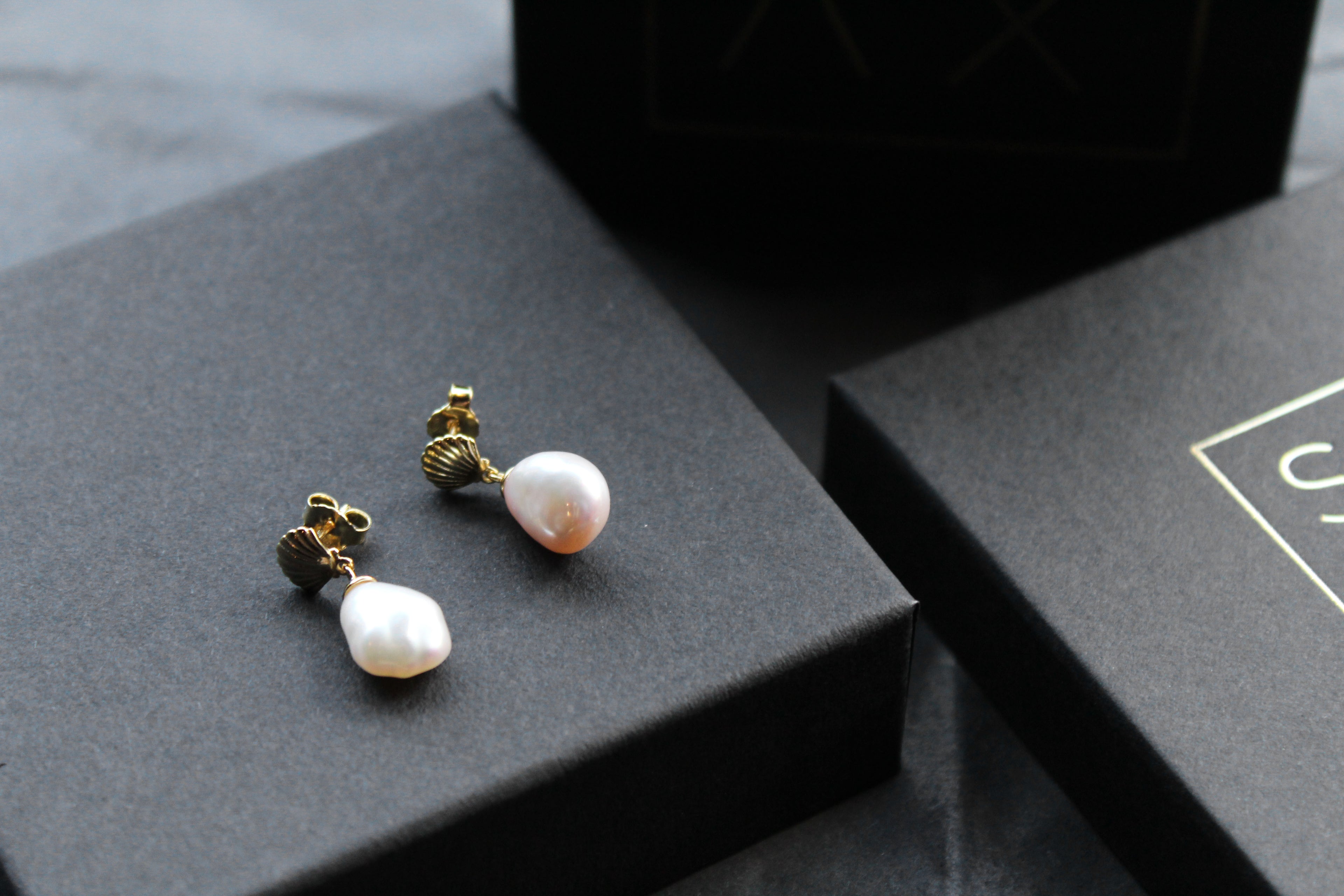 Gold Plated Shell Studs with Keshi Pearl Drop
