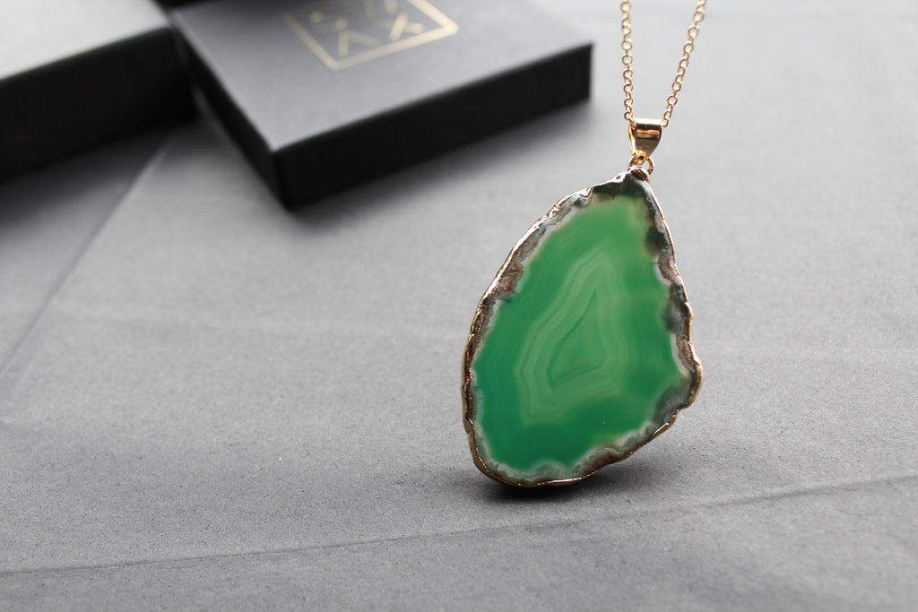 Green Agate Crystal Long Length Gold Tone Necklace