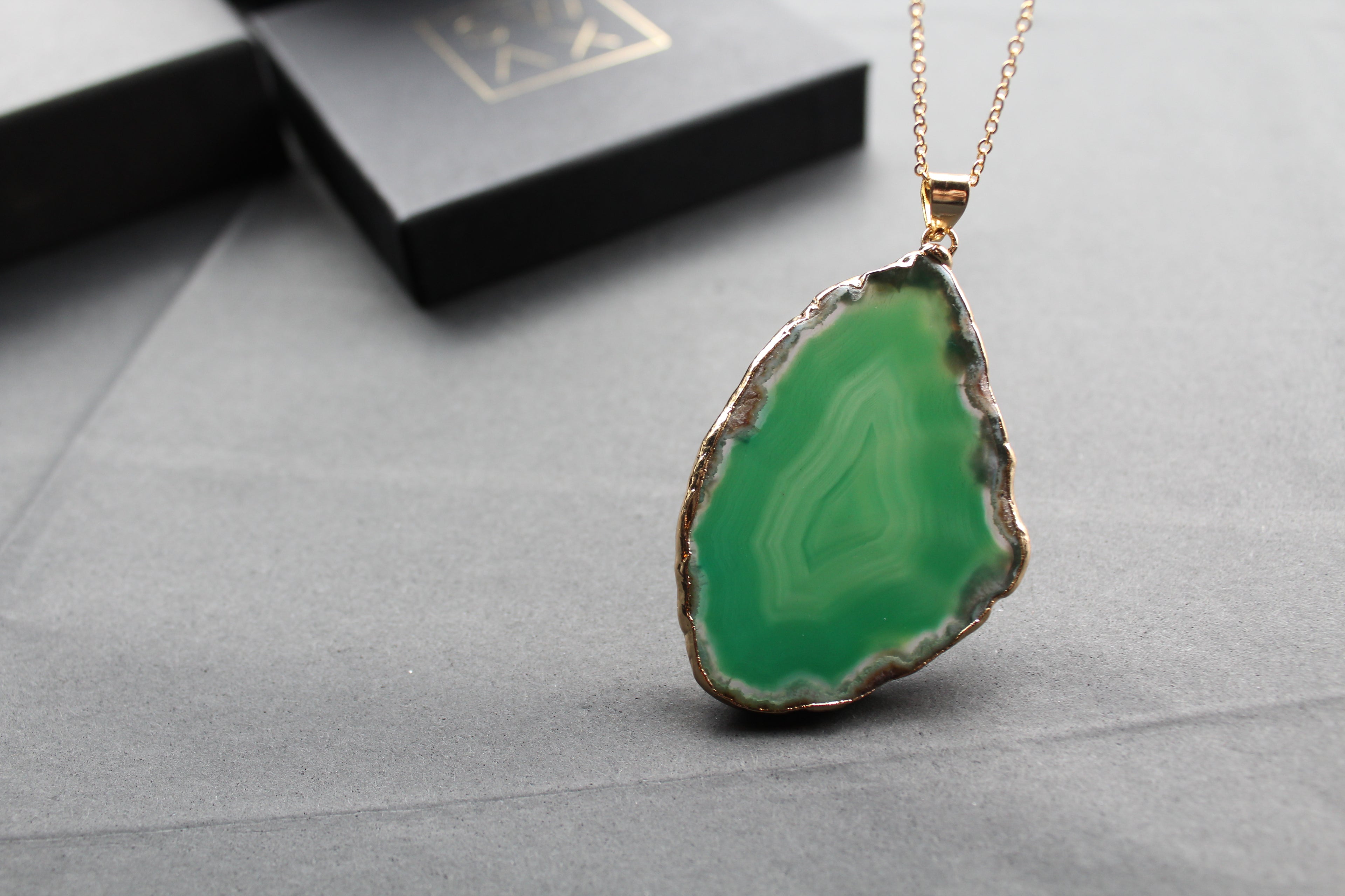 Green Agate Crystal Long Length Gold Tone Necklace