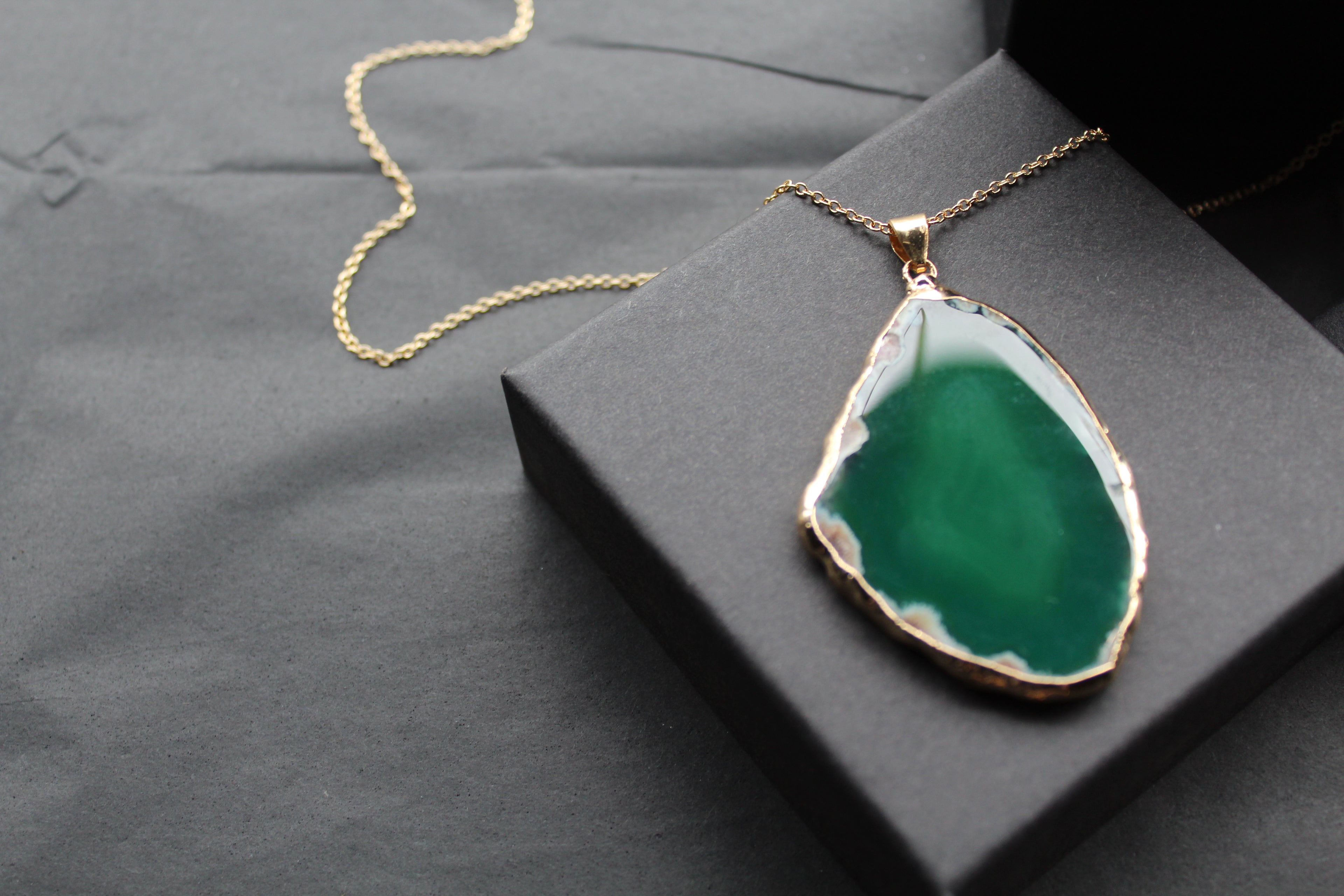 Green Agate Crystal Long Length Gold Tone Necklace