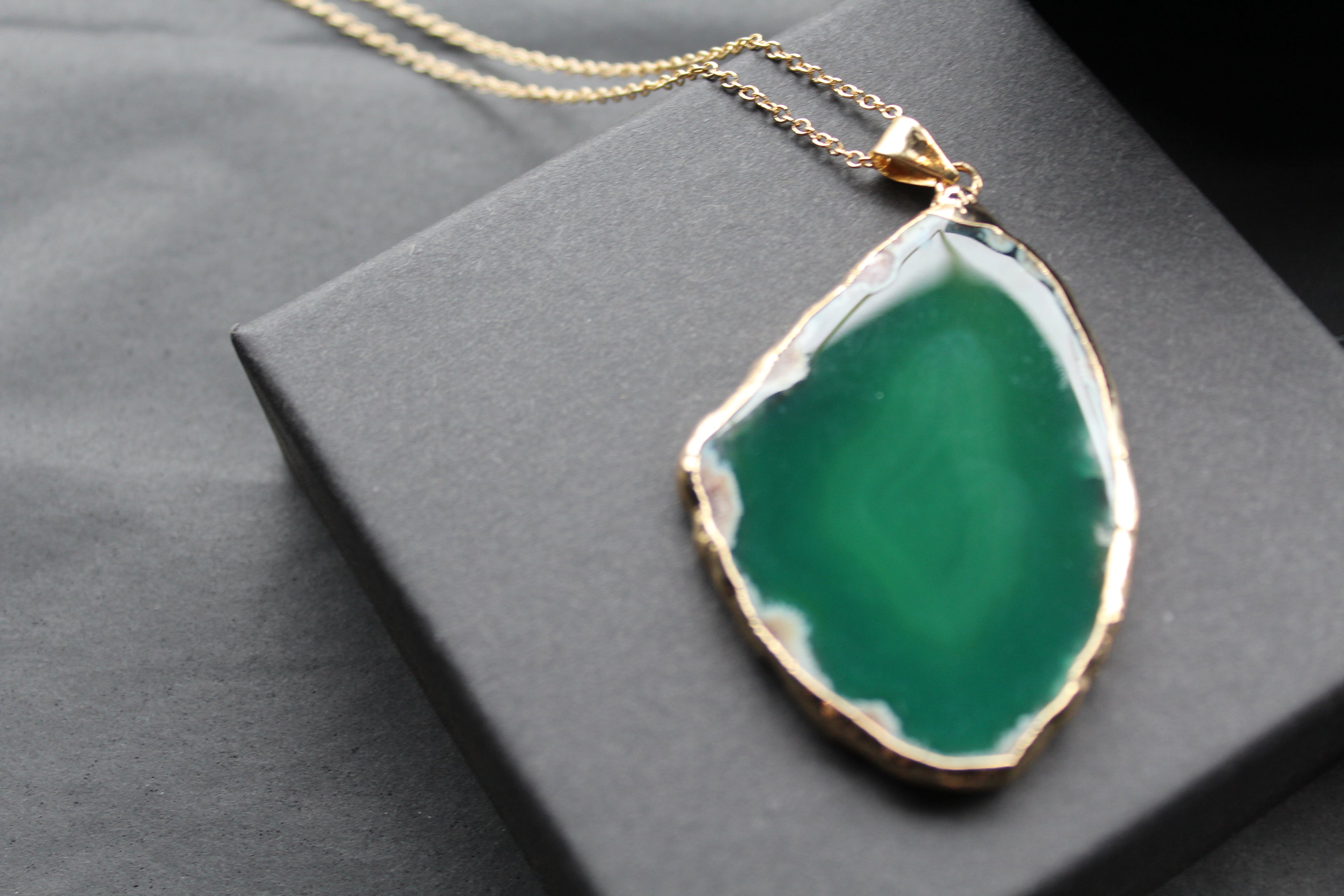 Green Agate Crystal Long Length Gold Tone Necklace