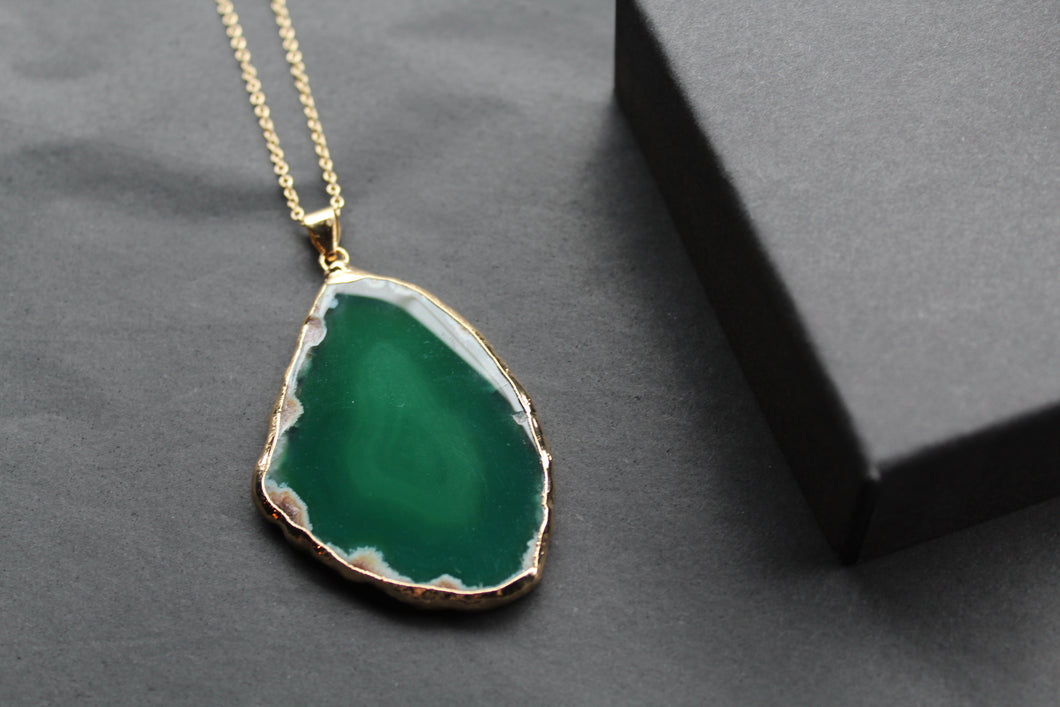 Green Agate Crystal Long Length Gold Tone Necklace